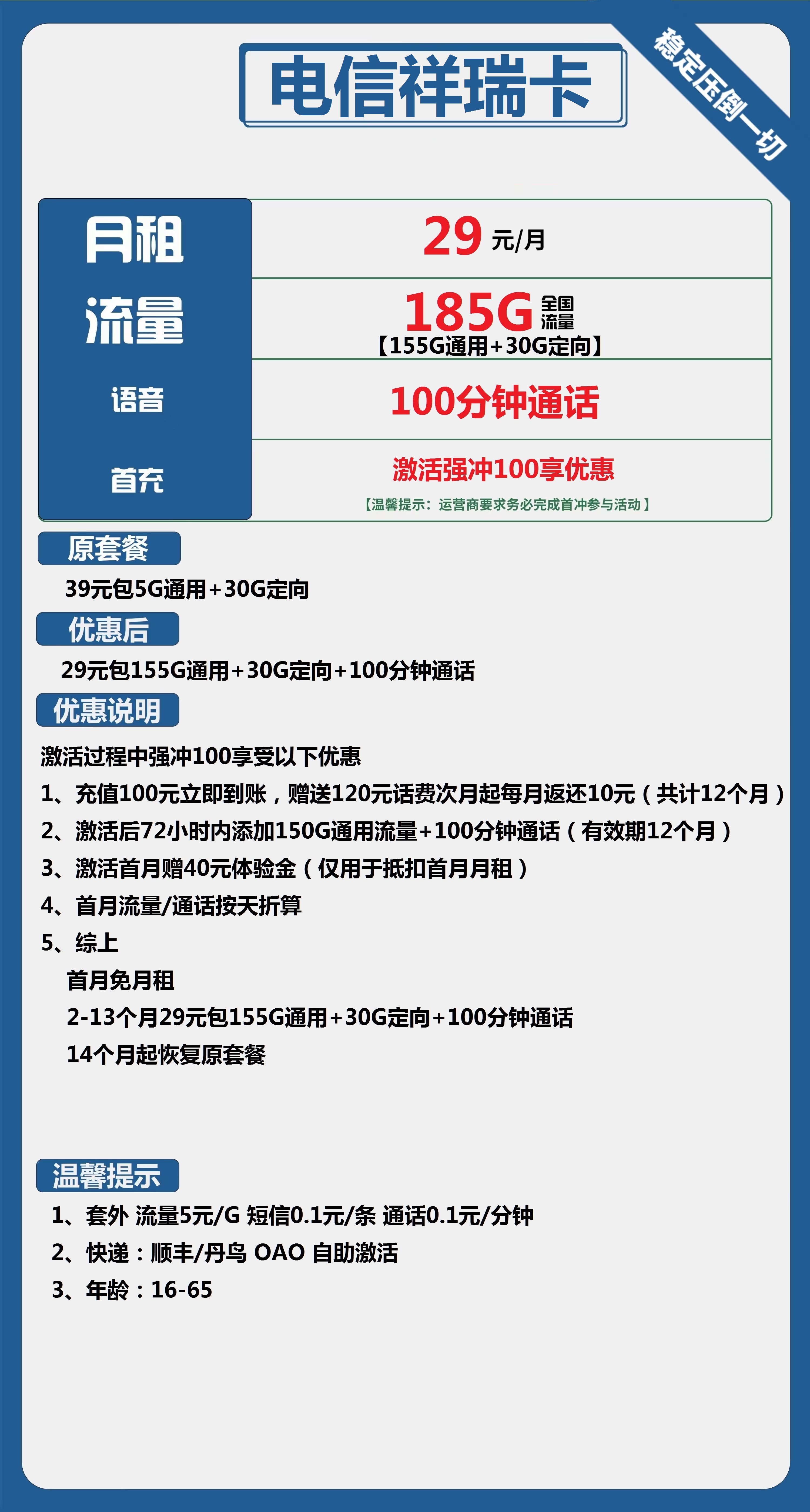 电信祥瑞卡29元包155G通用+30G定向+100分钟通话