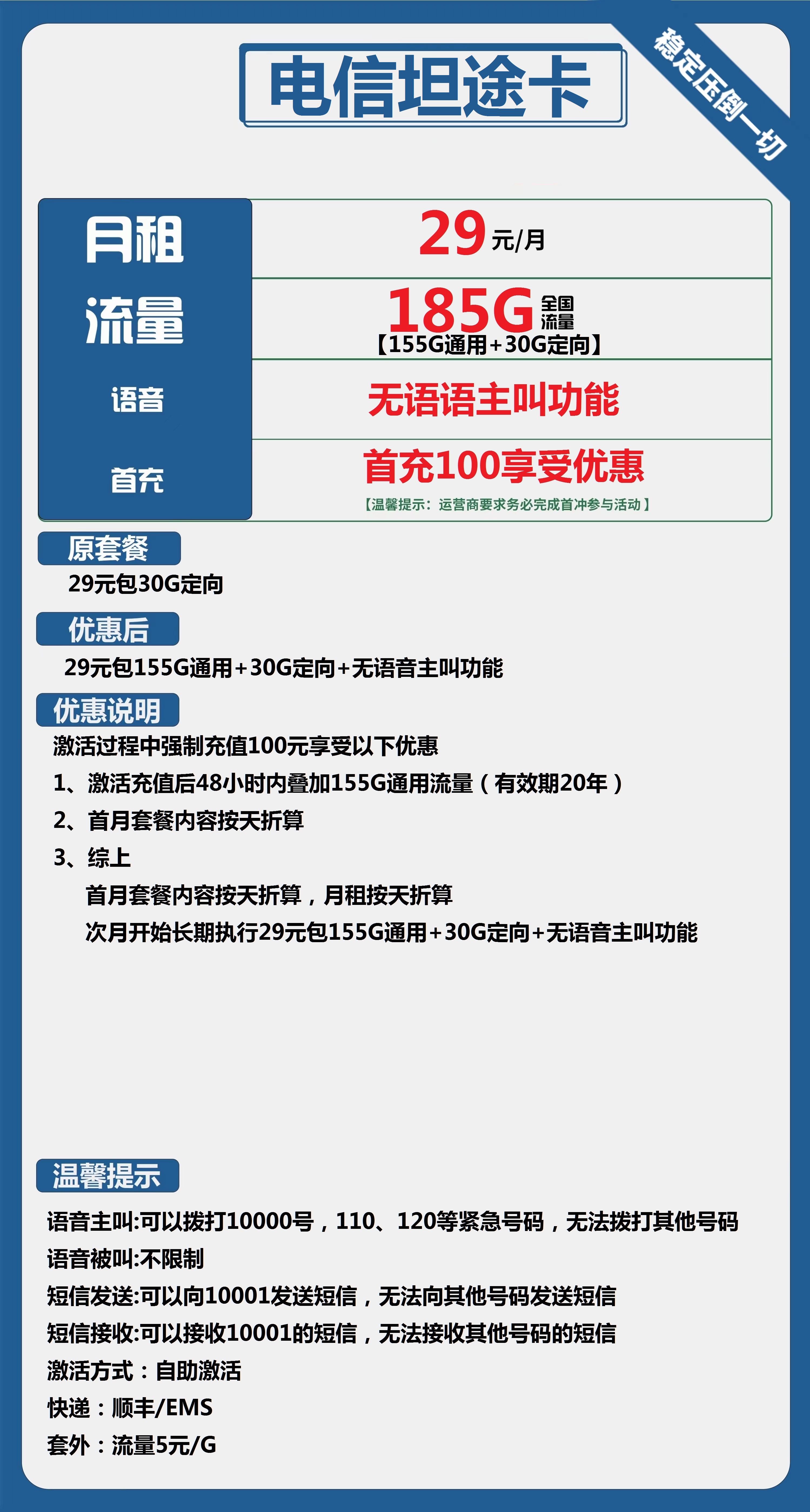 电信坦途卡29元包155G通用+30G定向+无语语主叫功能