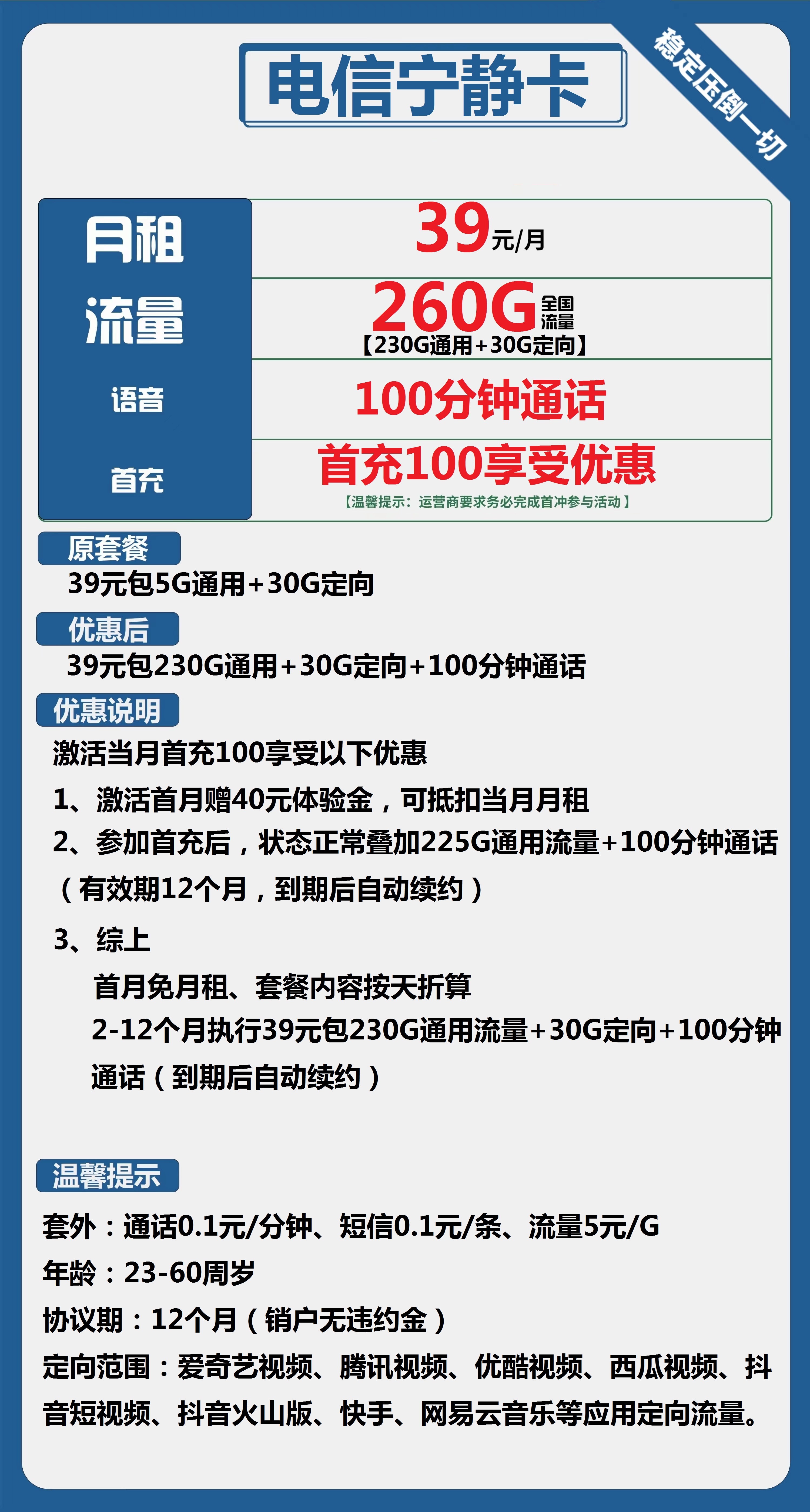 电信宁静卡39元包230G通用+30G定向+100分钟通话