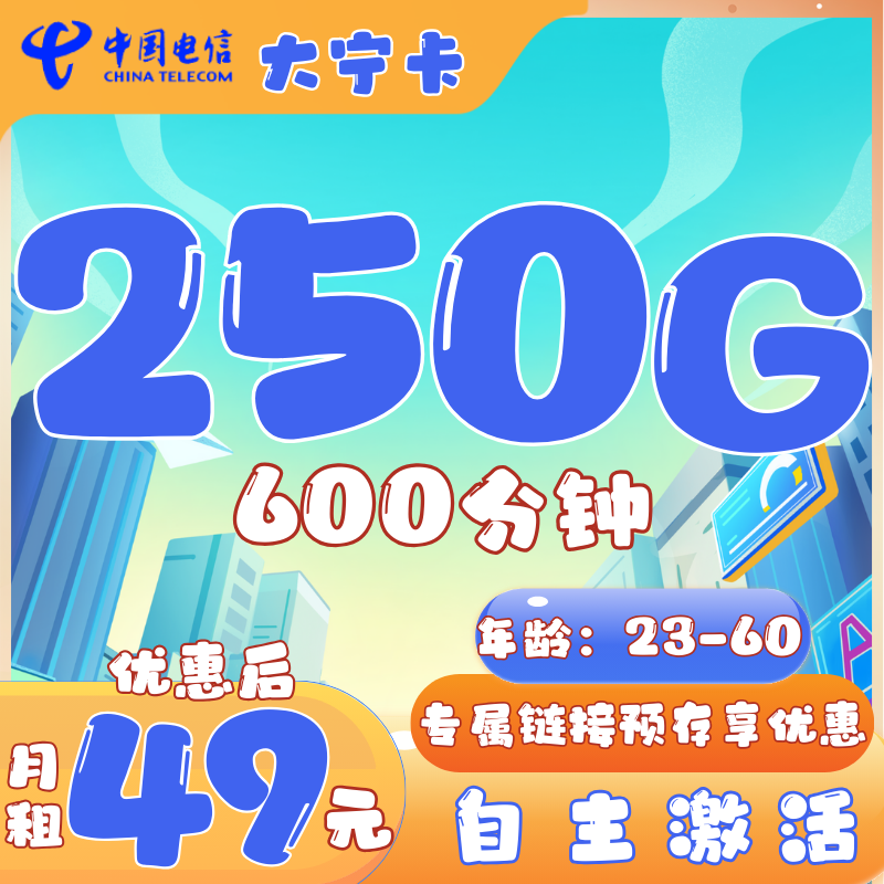 电信大宁卡电信大宁卡49元250G+600分钟 （自主激活，长期可续）