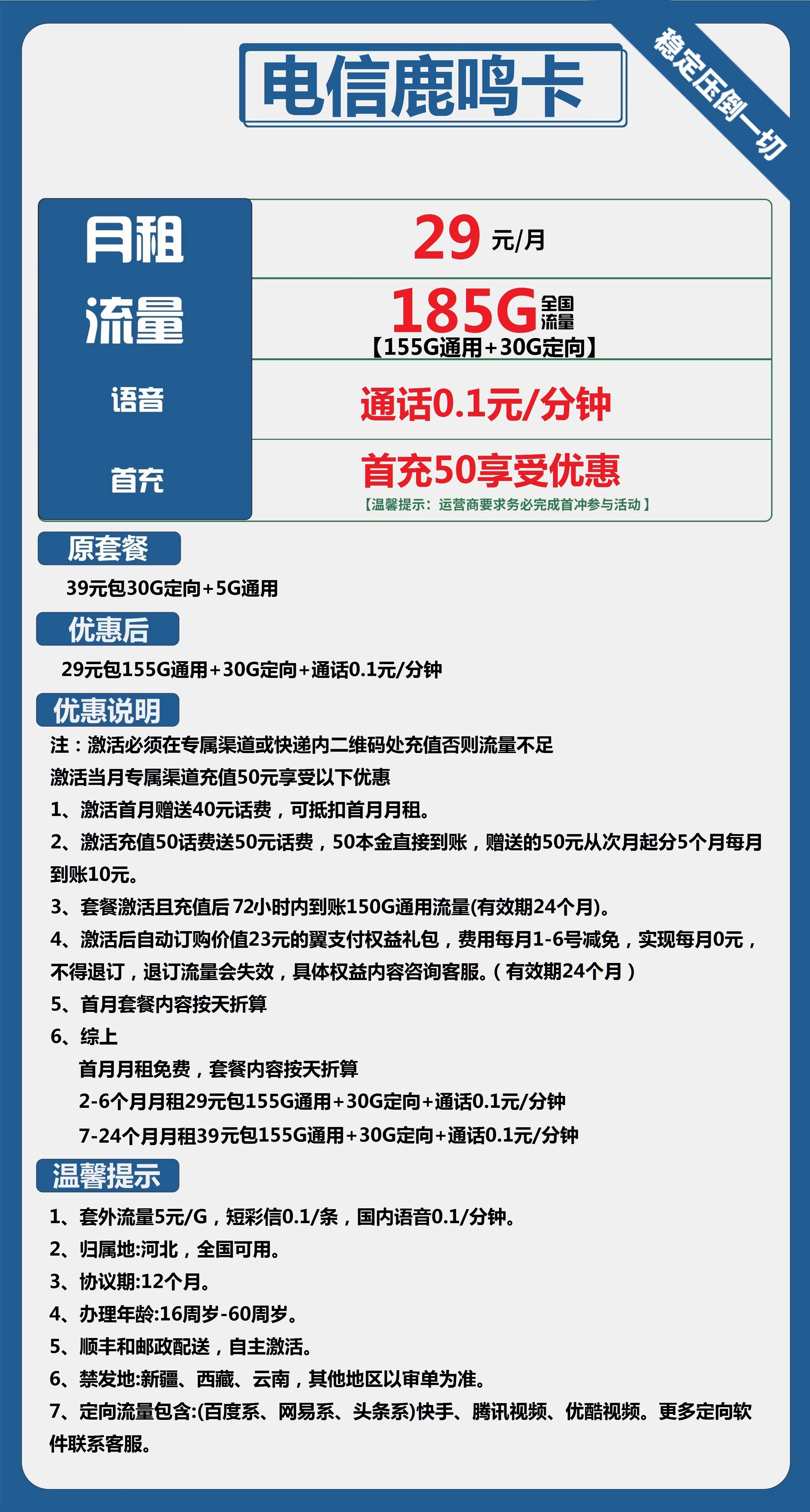 电信鹿鸣卡29元包155G通用+30G定向+通话0.1元/分钟