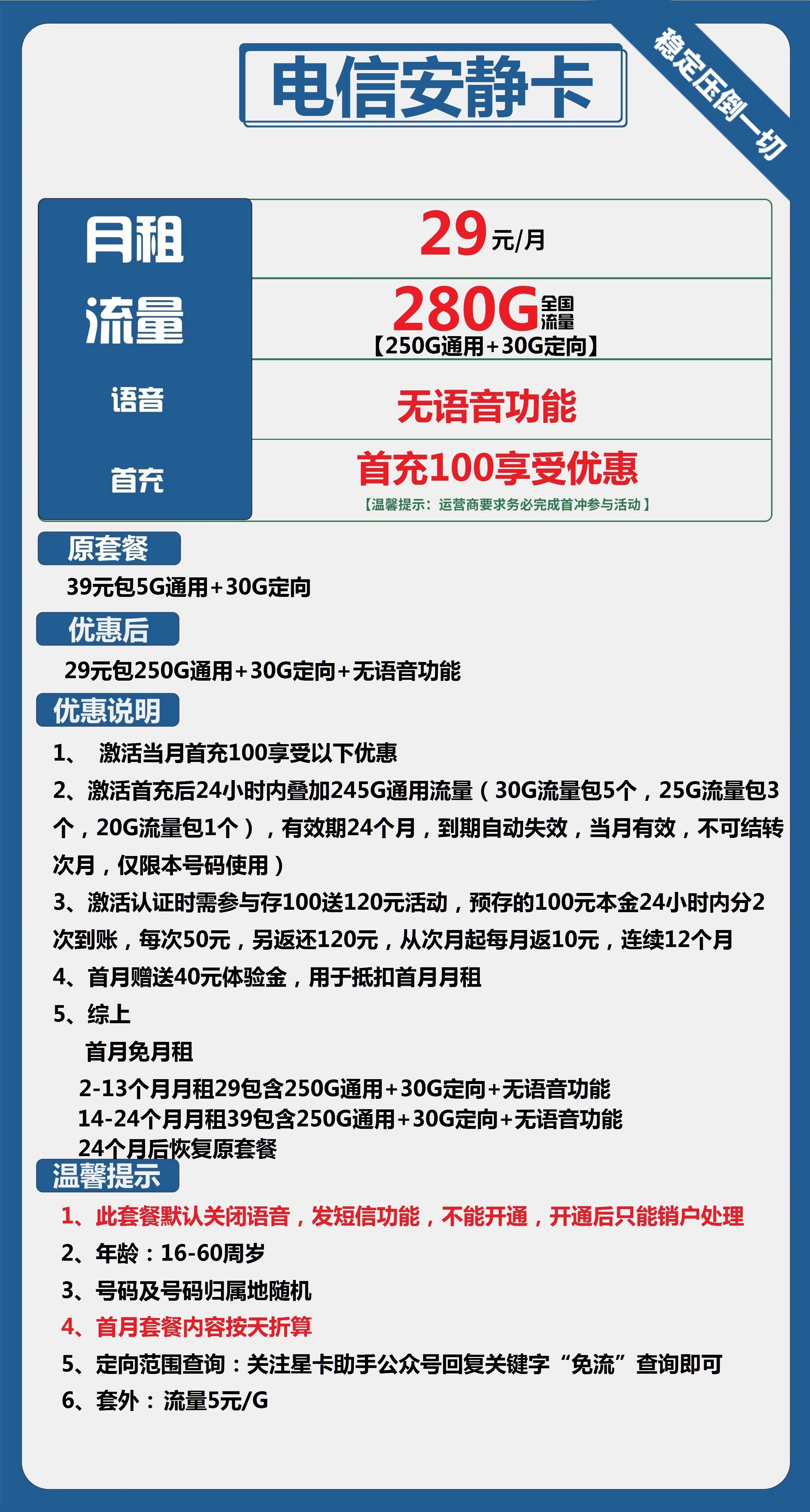 电信安静卡29元包250G通用+30G定向+无语音功能