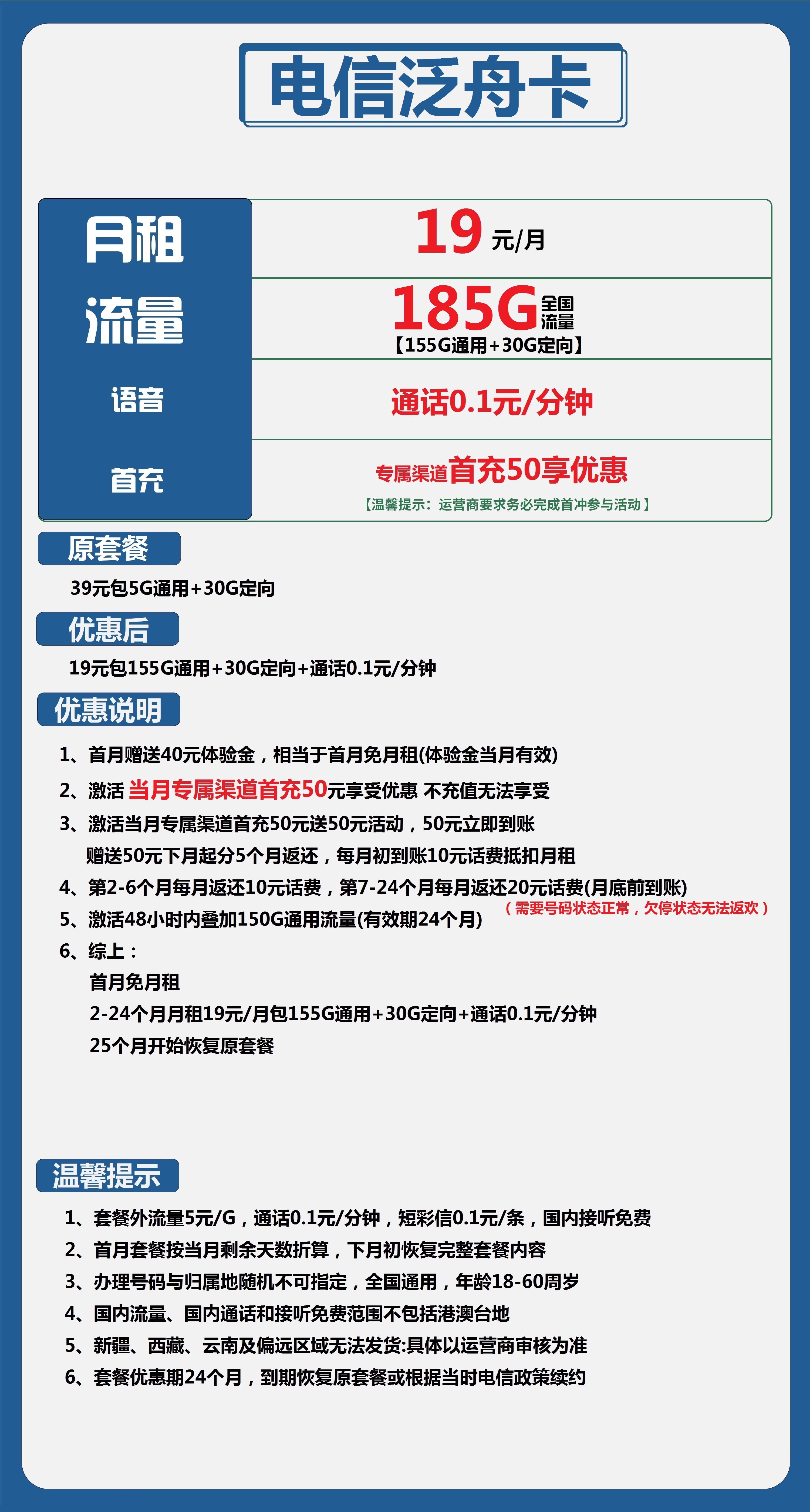 电信泛舟卡19元包155G通用+30G定向+通话0.1元/分钟