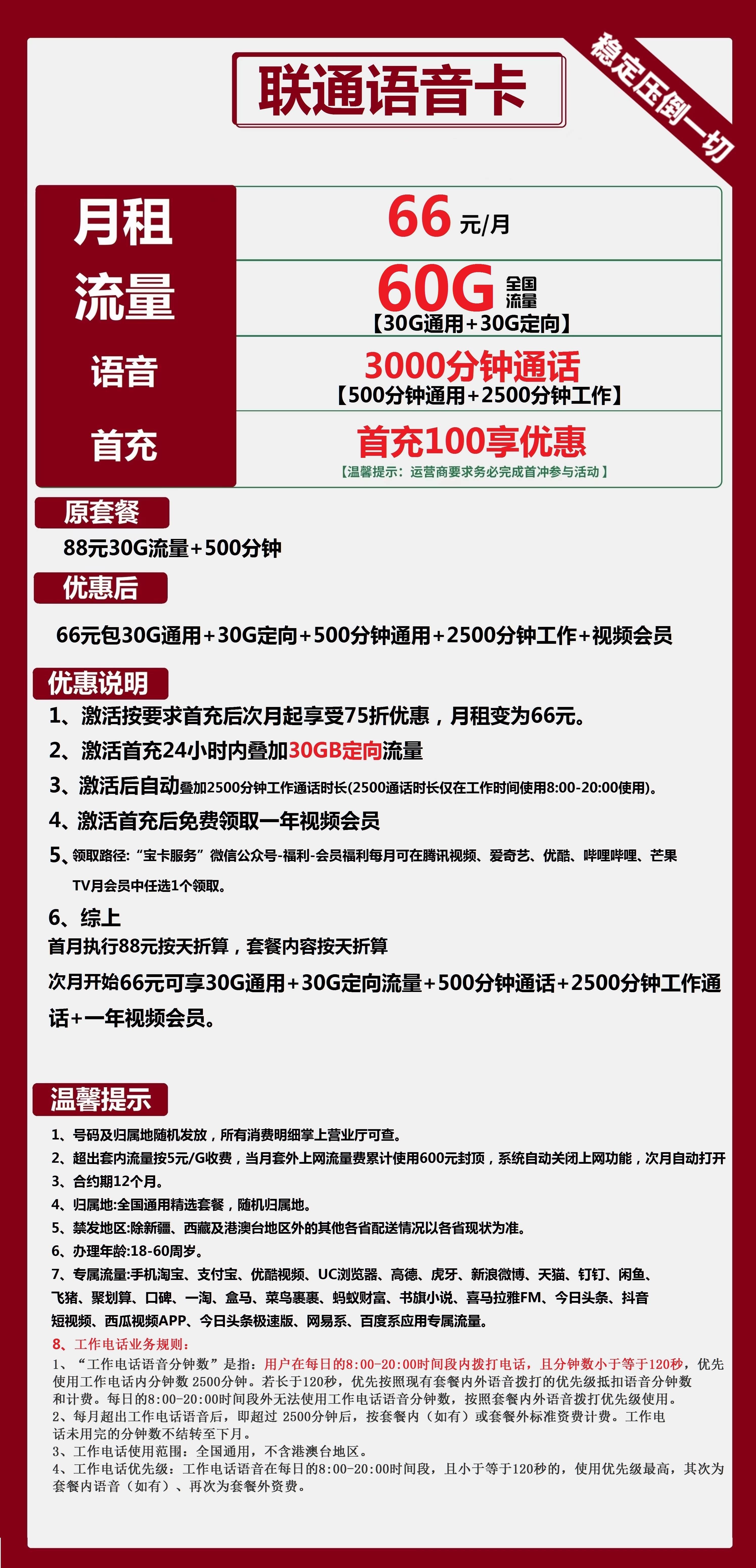 联通语音卡66元包30G通用+30G定向+3000分钟通话+视频会员