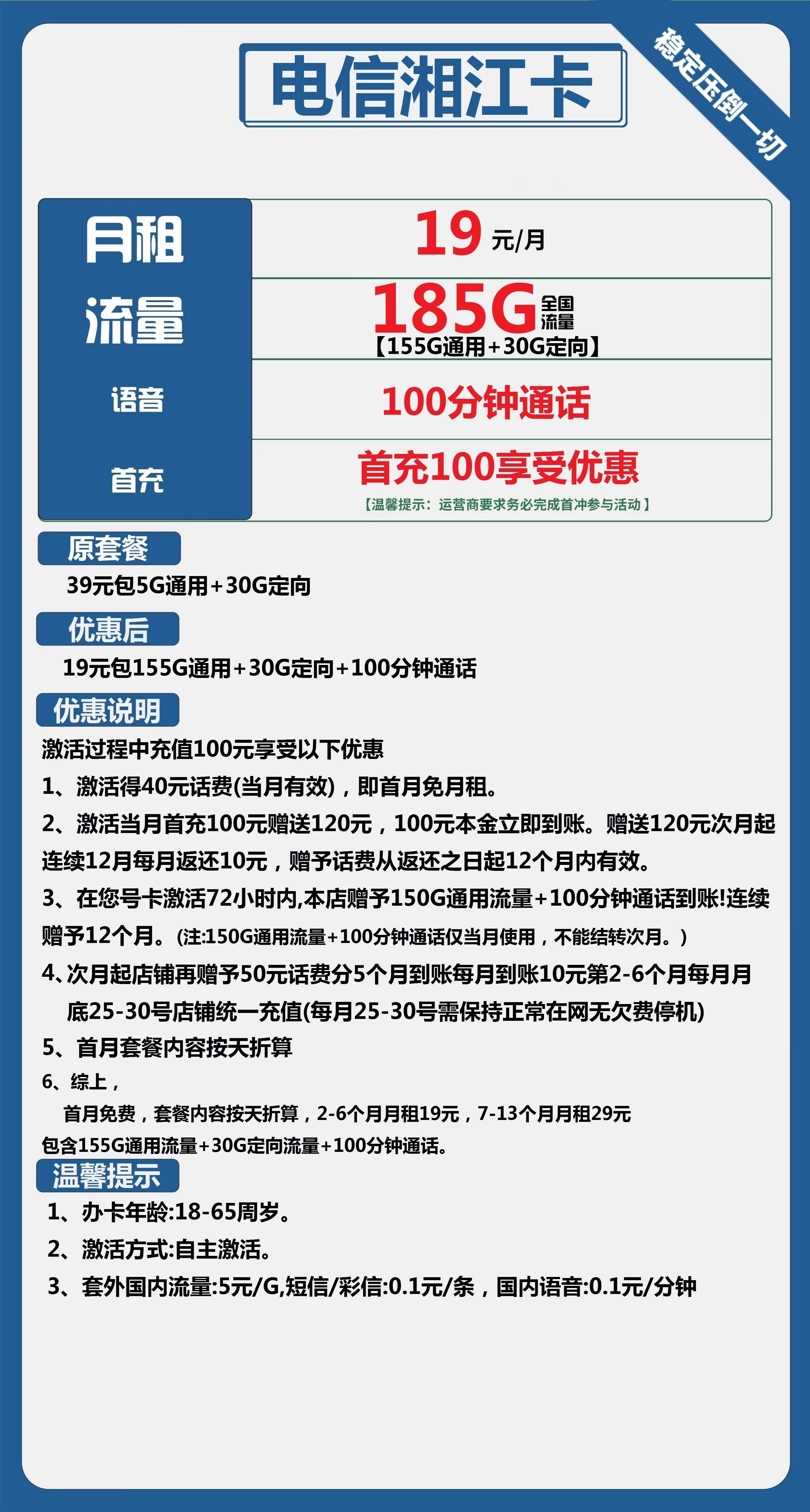 电信湘江卡19元包155G通用+30G定向+100分钟通话