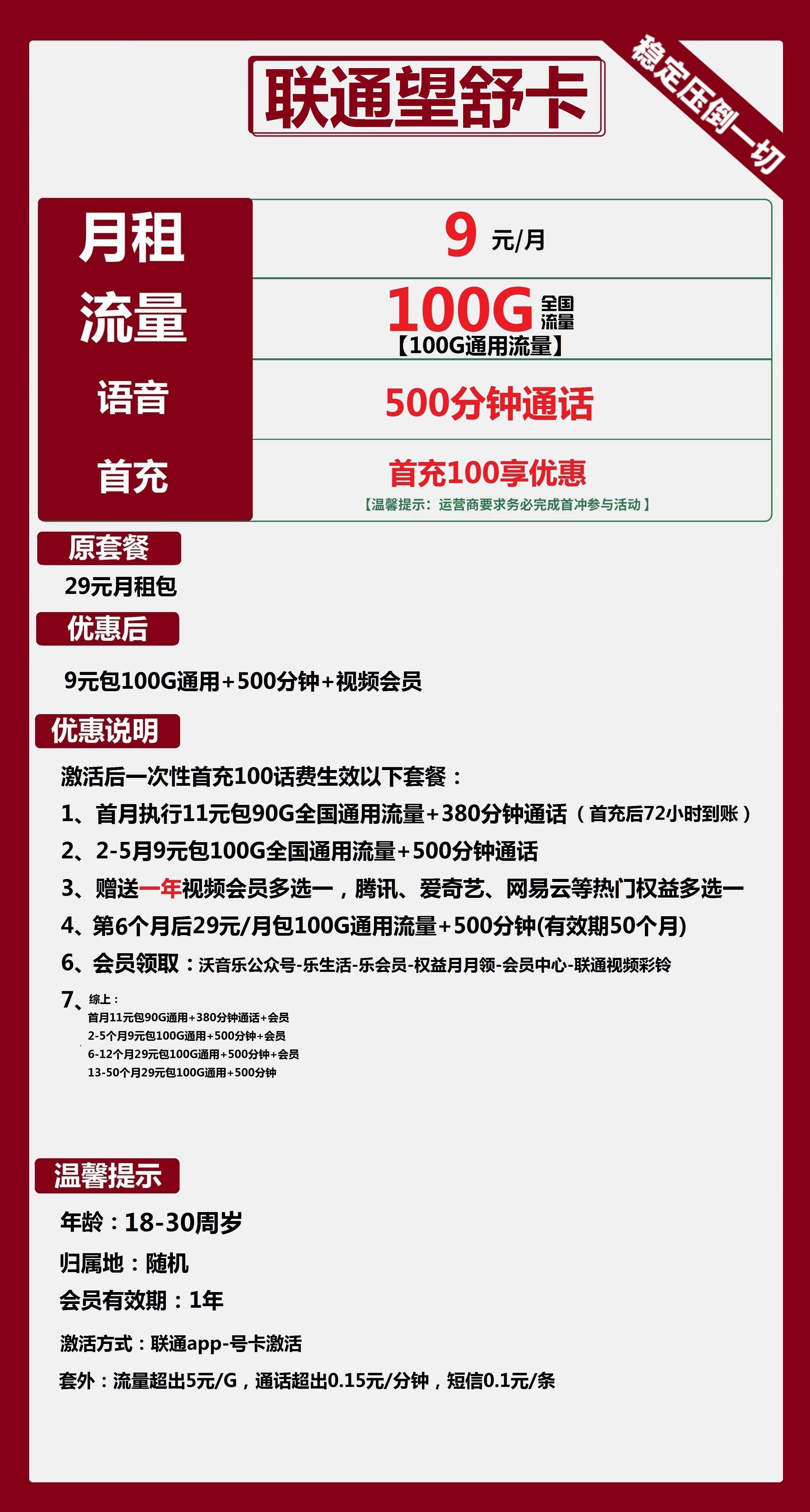 联通望舒卡9元包100G通用+500分钟通话+视频会员