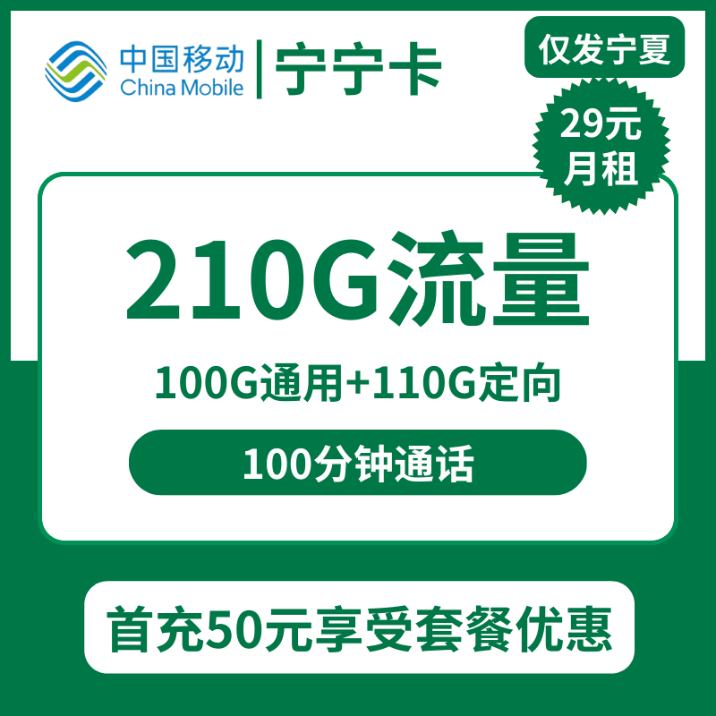 移动宁宁卡29元包100G通用+110G定向+100分钟