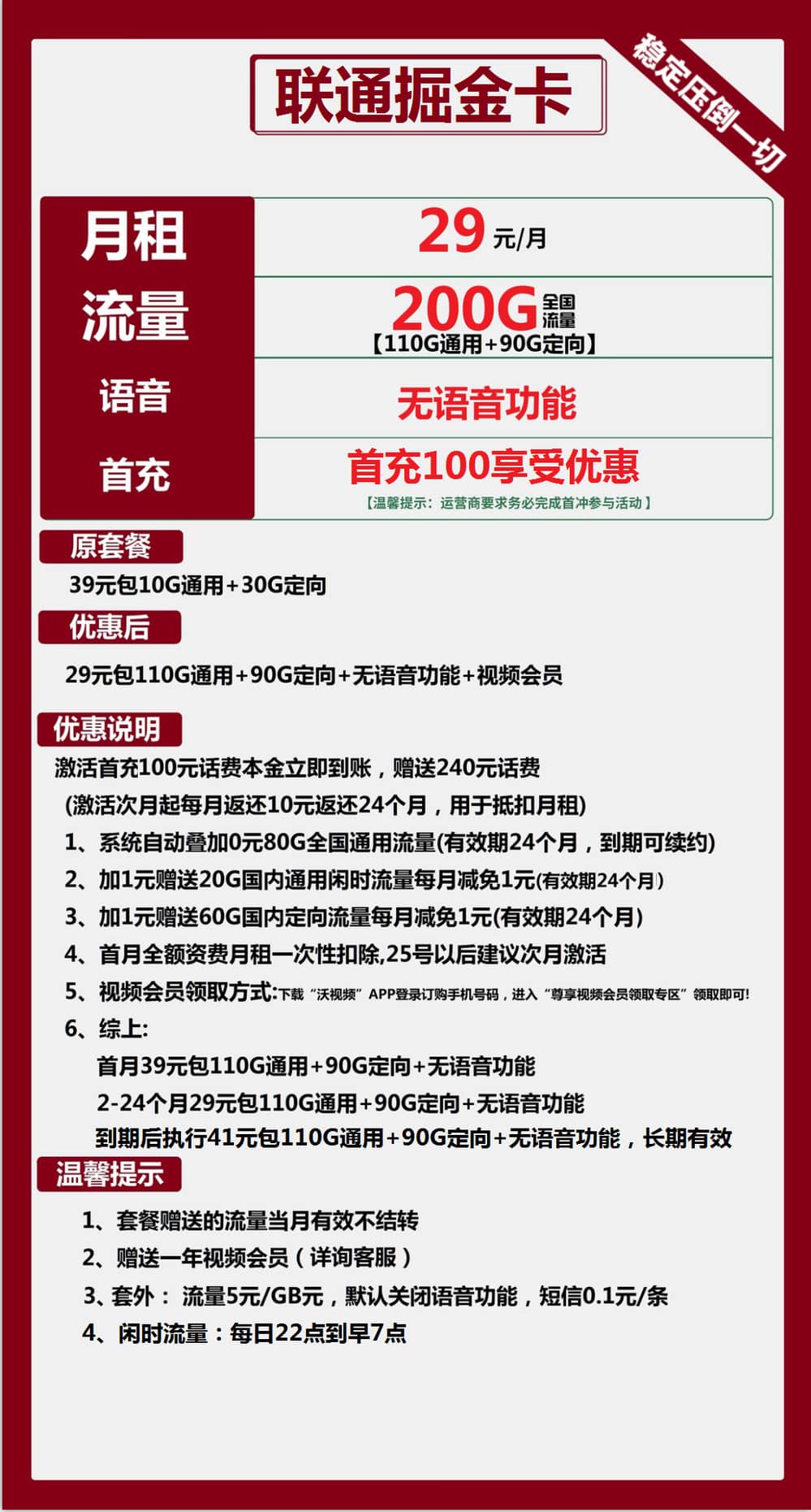 联通掘金卡29元包110G通用+90G定向+无语音功能+视频会员