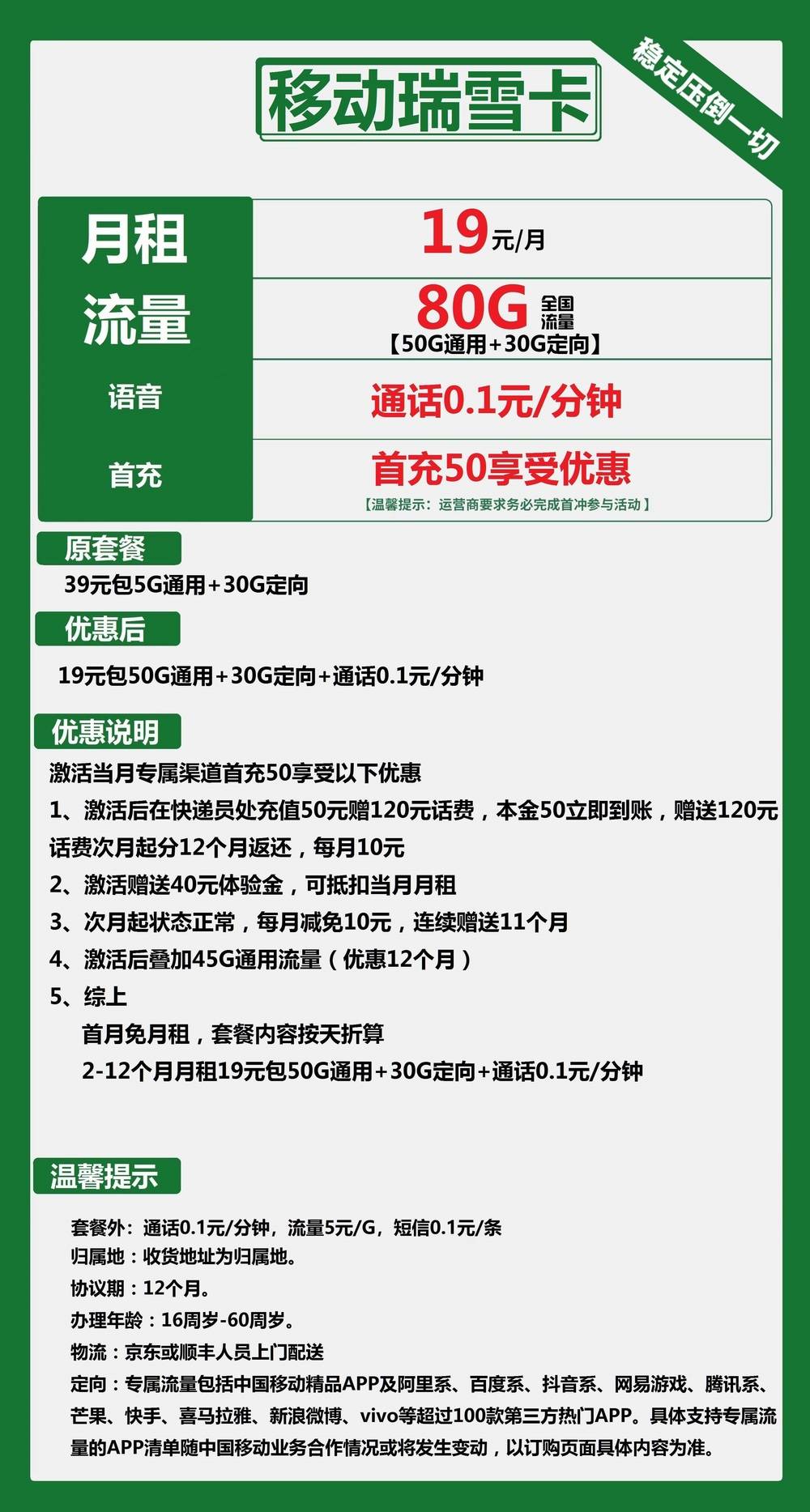移动瑞雪卡19元包50G通用+30G定向+通话0.1元/分钟