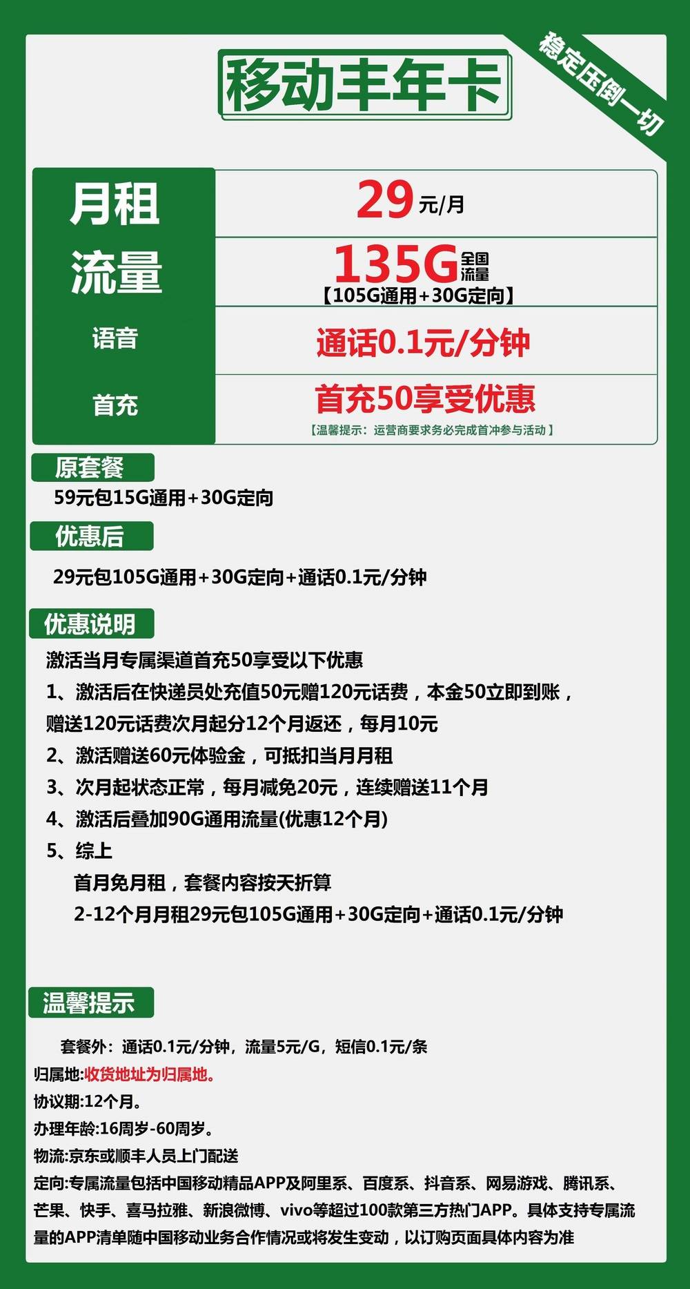 移动丰年卡29元包105G通用+30G定向+通话0.1元/分钟