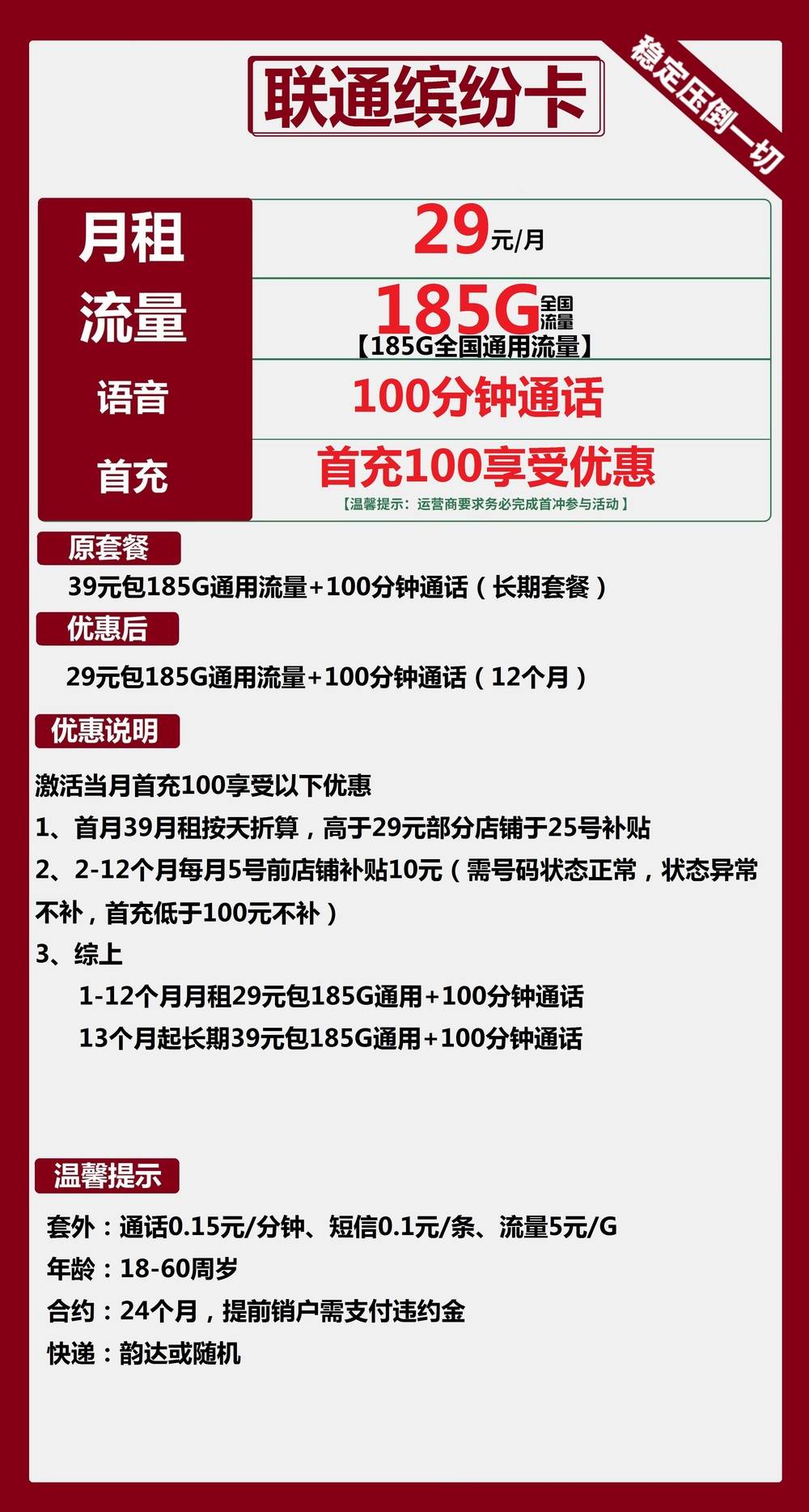 联通缤纷卡29元包185G通用+100分钟通话