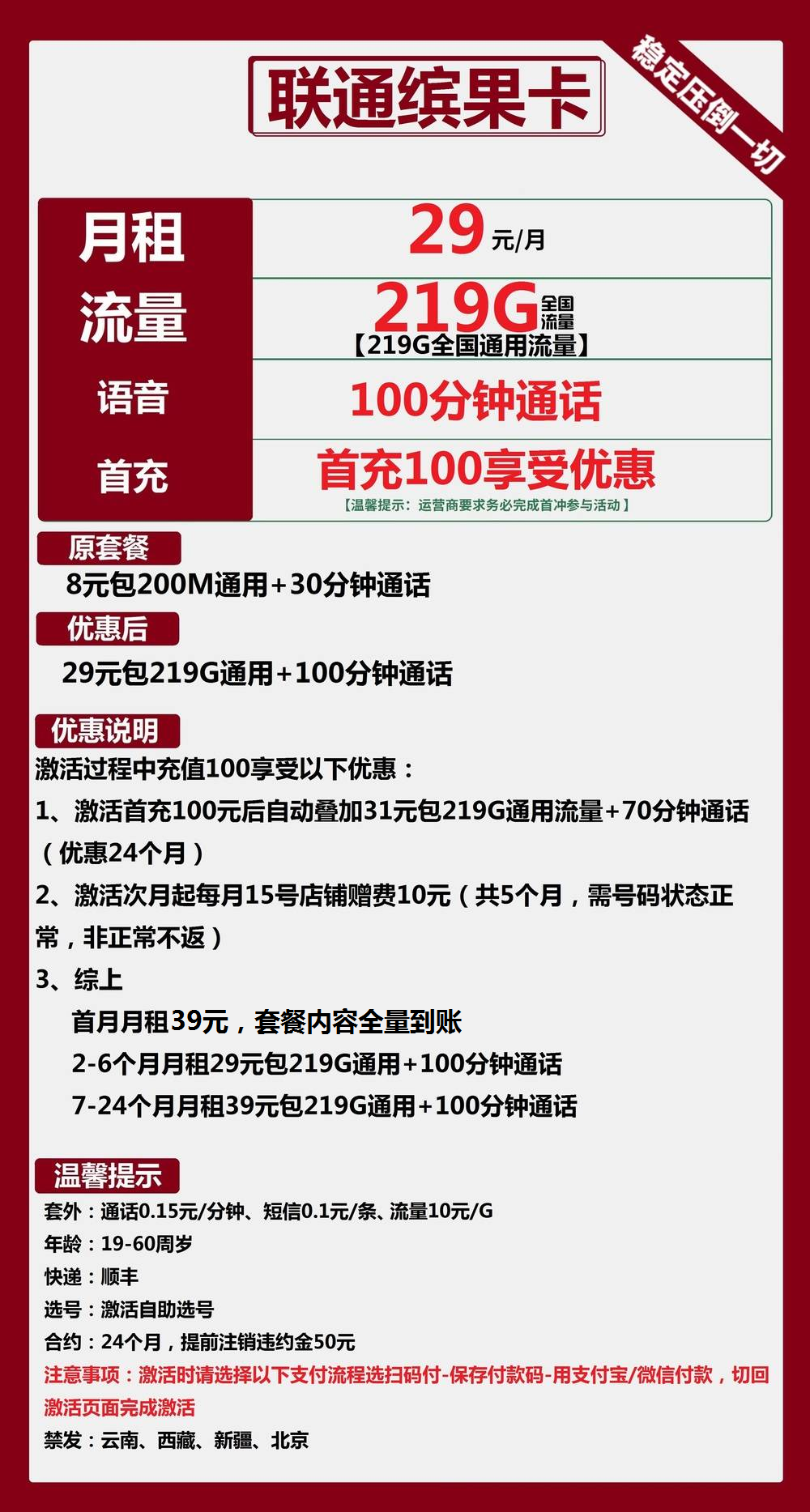 联通缤果卡29元包219G通用+100分钟通话