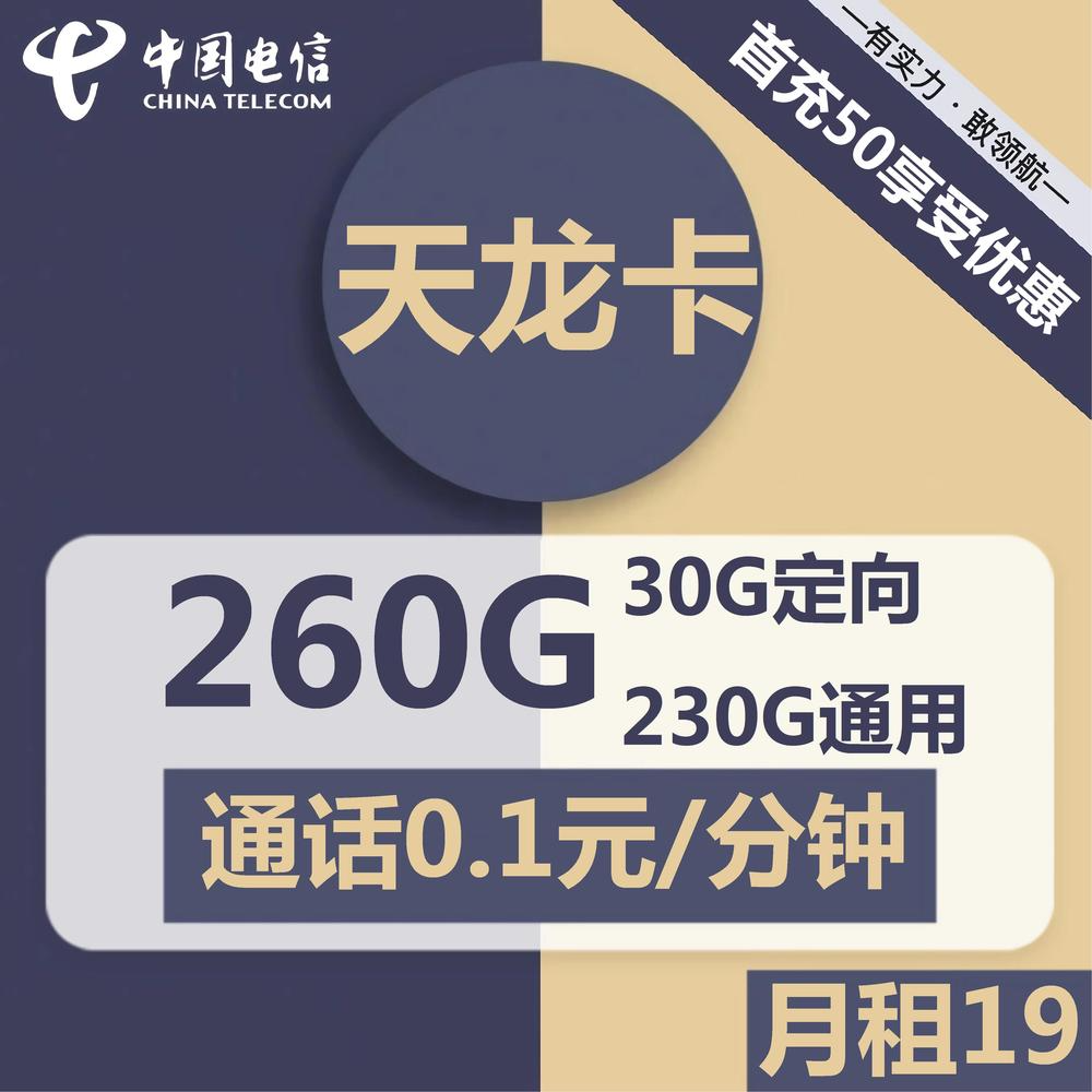 电信天龙卡19元包230G通用+30G定向+通话0.1元/分钟