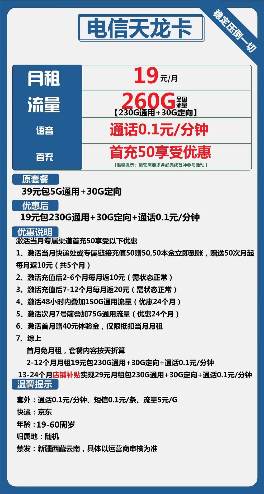 电信天龙卡19元包230G通用+30G定向+通话0.1元/分钟