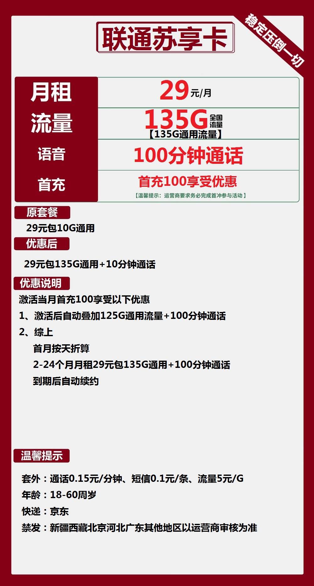 联通苏享卡29元包135G通用+100分钟通话