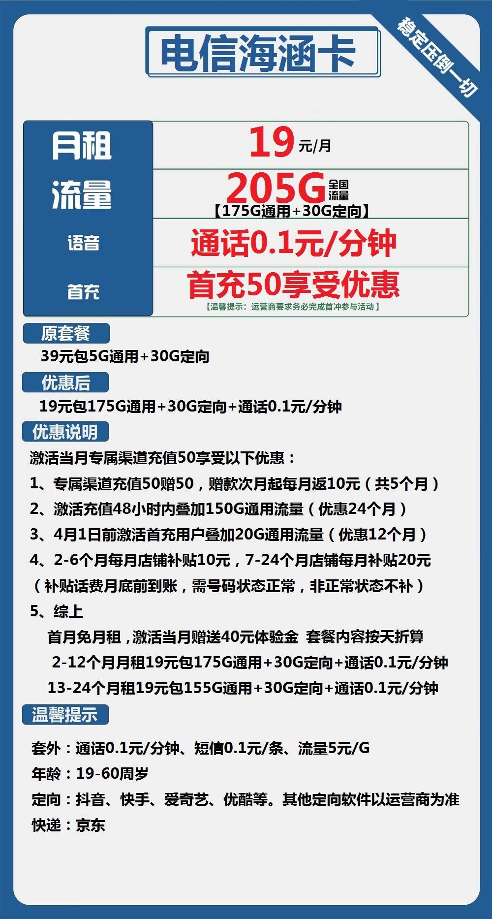 电信海涵卡19元包175G通用+30G定向+通话0.1元/分钟