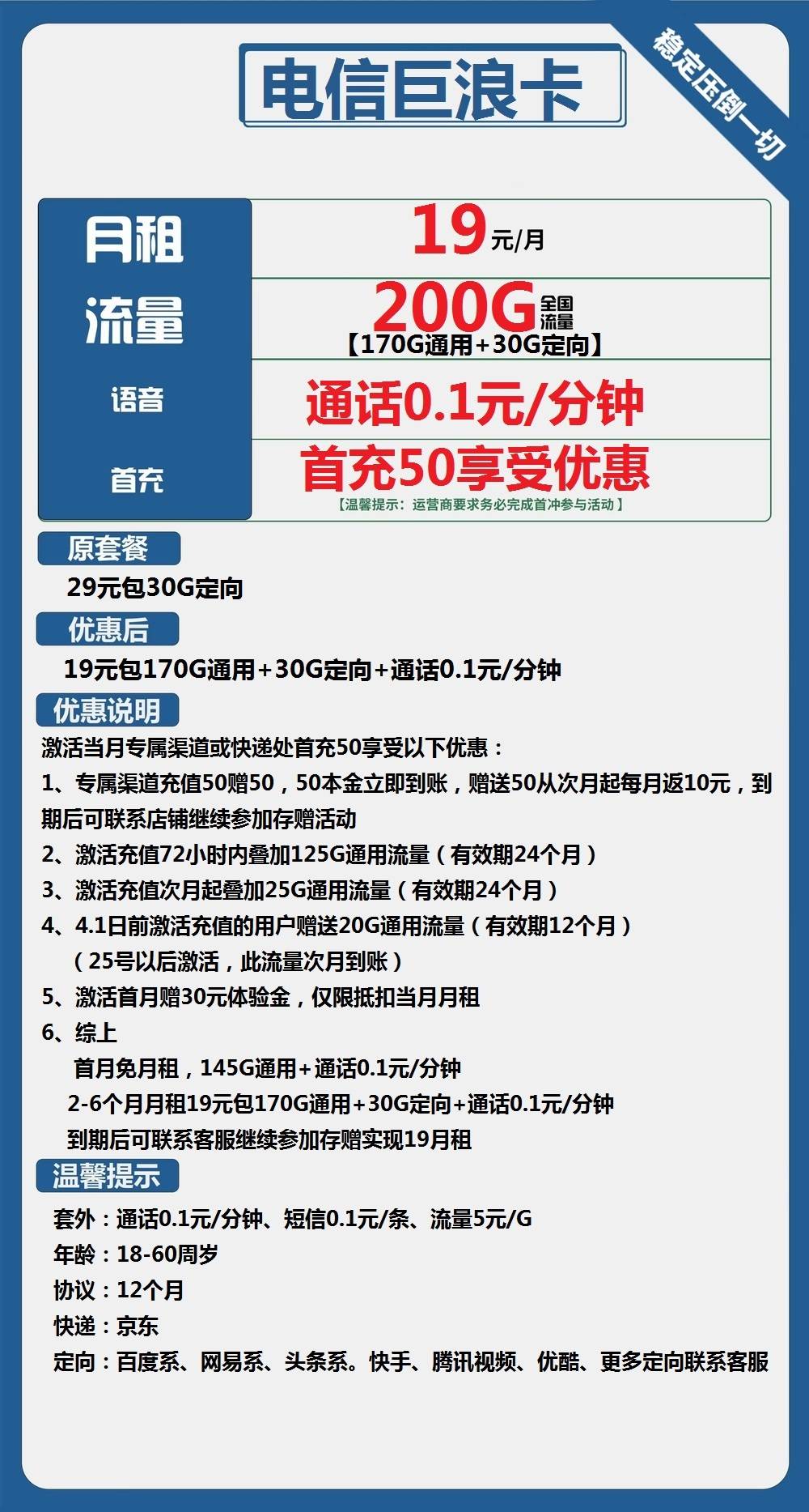 电信巨浪卡19元包170G通用+30G定向+通话0.1元/分钟