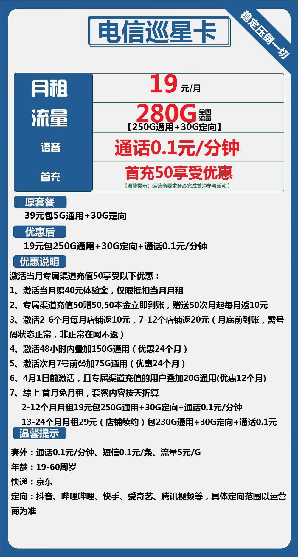 电信巡星卡19元包250G通用+30G定向+通话0.1元/分钟