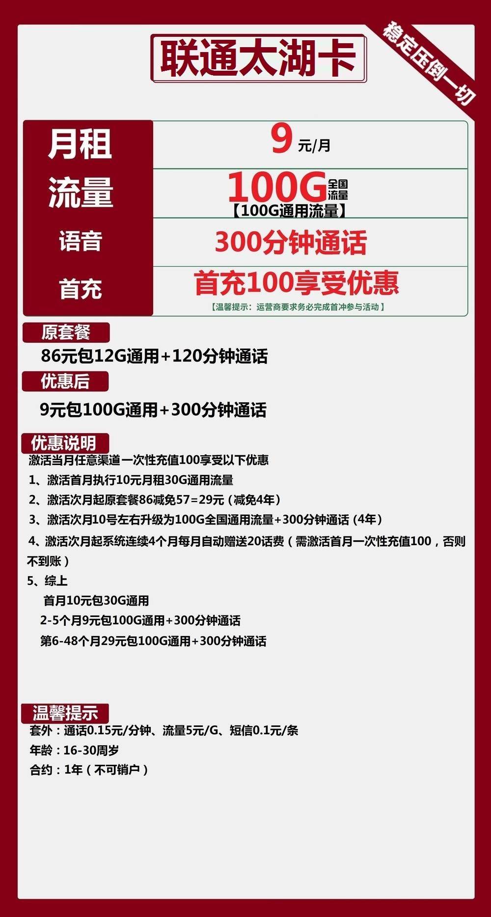 联通太湖卡9元包100G通用+300分钟通话