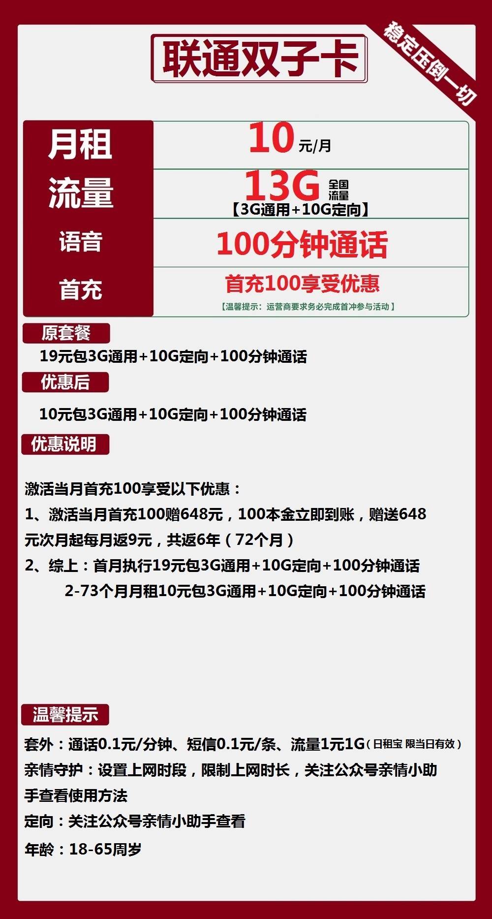 联通双子卡10元包3G通用+10G定向+100分钟通话