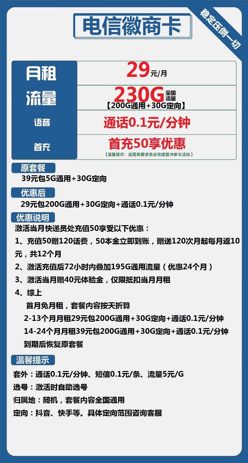 电信徽商卡29元包200G通用+30G定向+通话0.1元/分钟