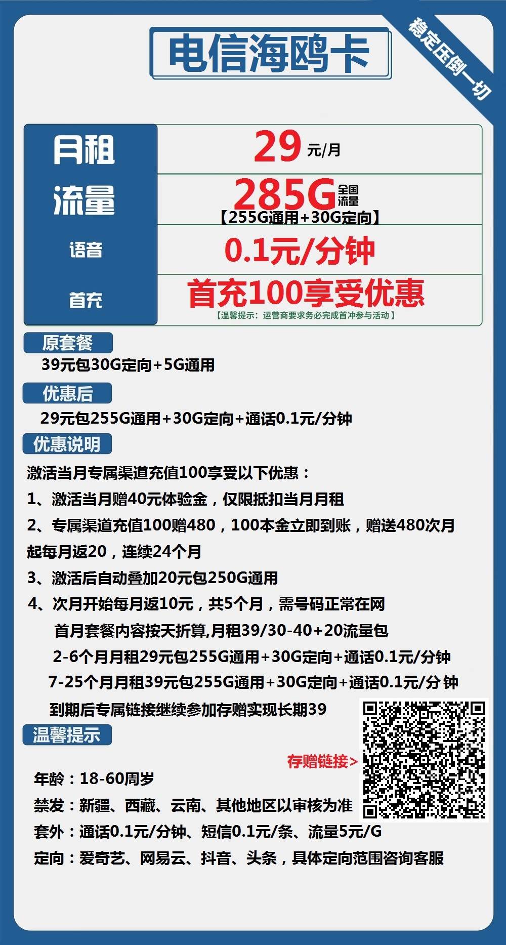 电信海鸥卡29元包255G通用+30G定向+通话0.1元/分
