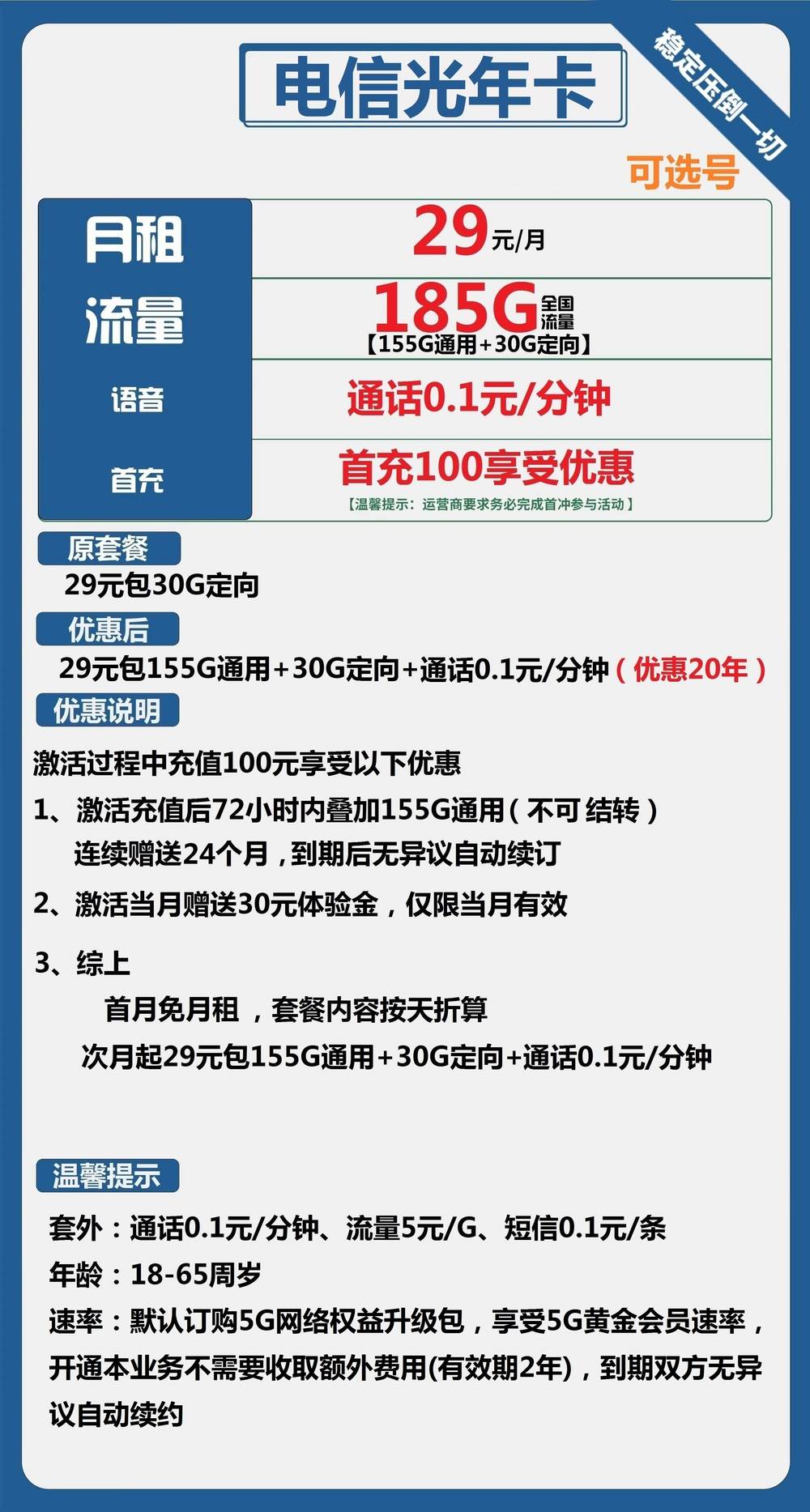 电信光年卡29元包155G通用+30G定向+通话0.1元/分钟