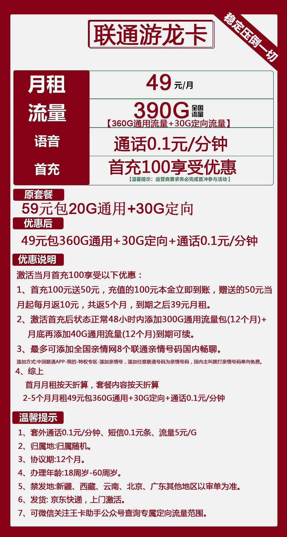 联通游龙卡49元包360G通用+30G定向+通话0.1元/分钟