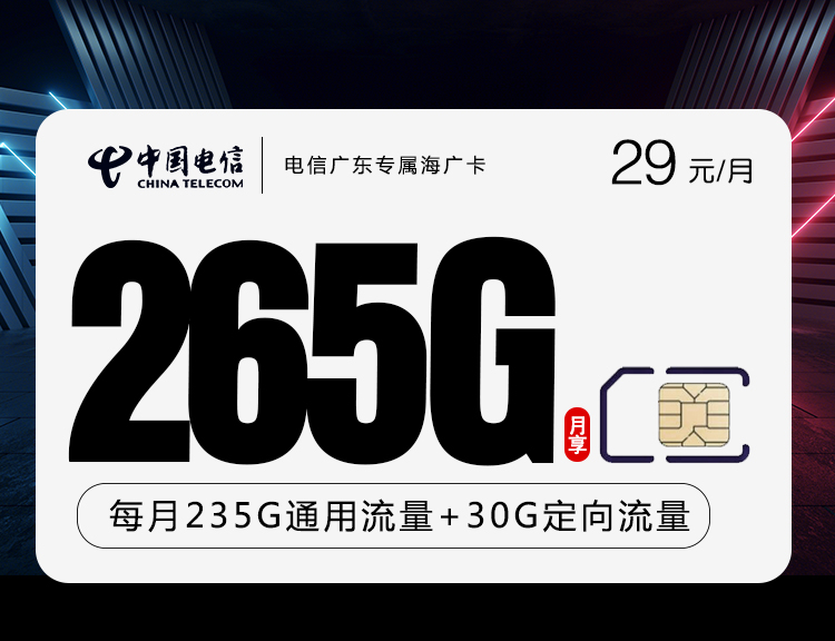 电信广东专属海广卡【29元265G+100分钟】