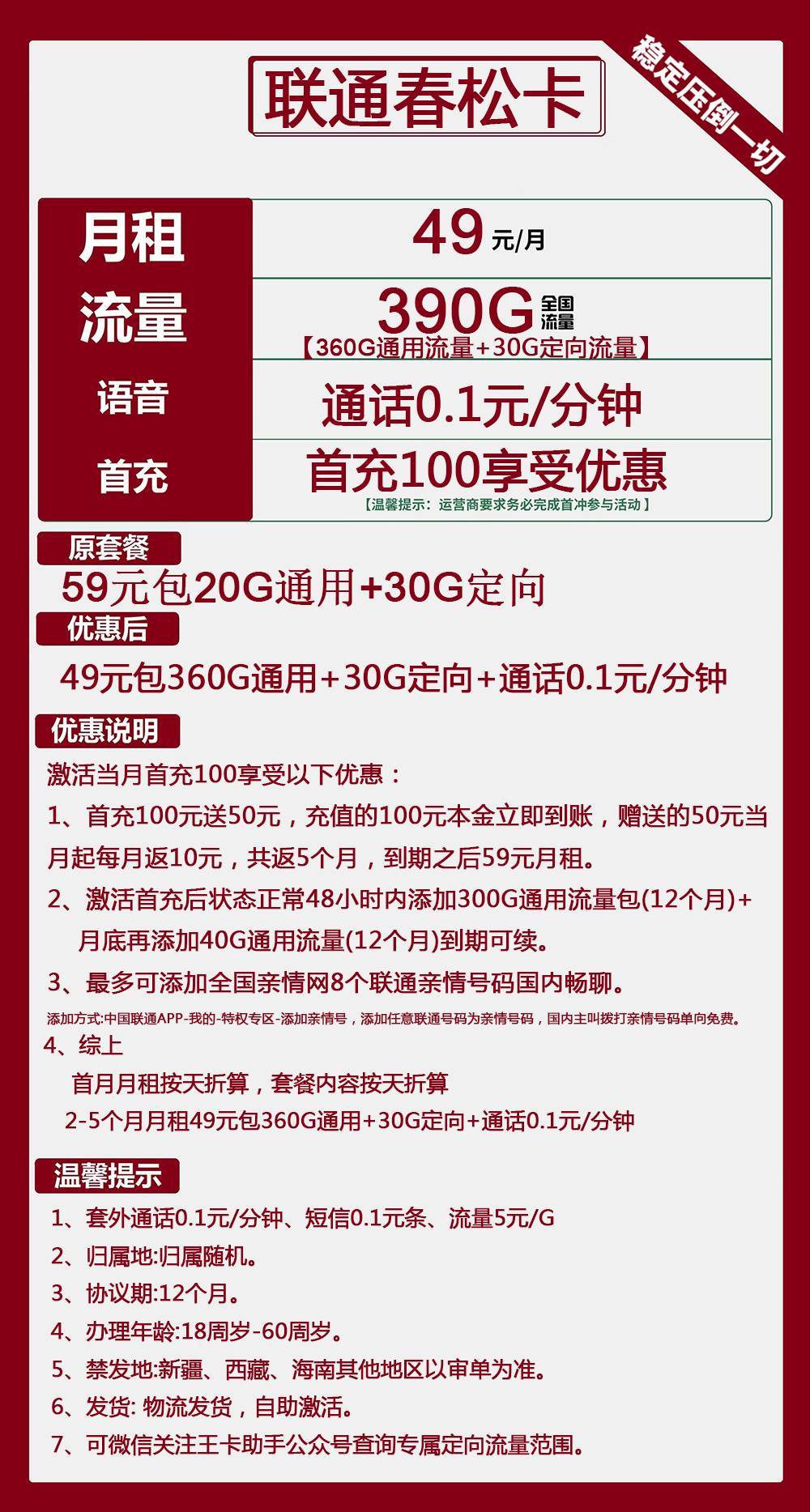 联通春松卡49元包360G通用+30G定向+通话0.1元/分钟