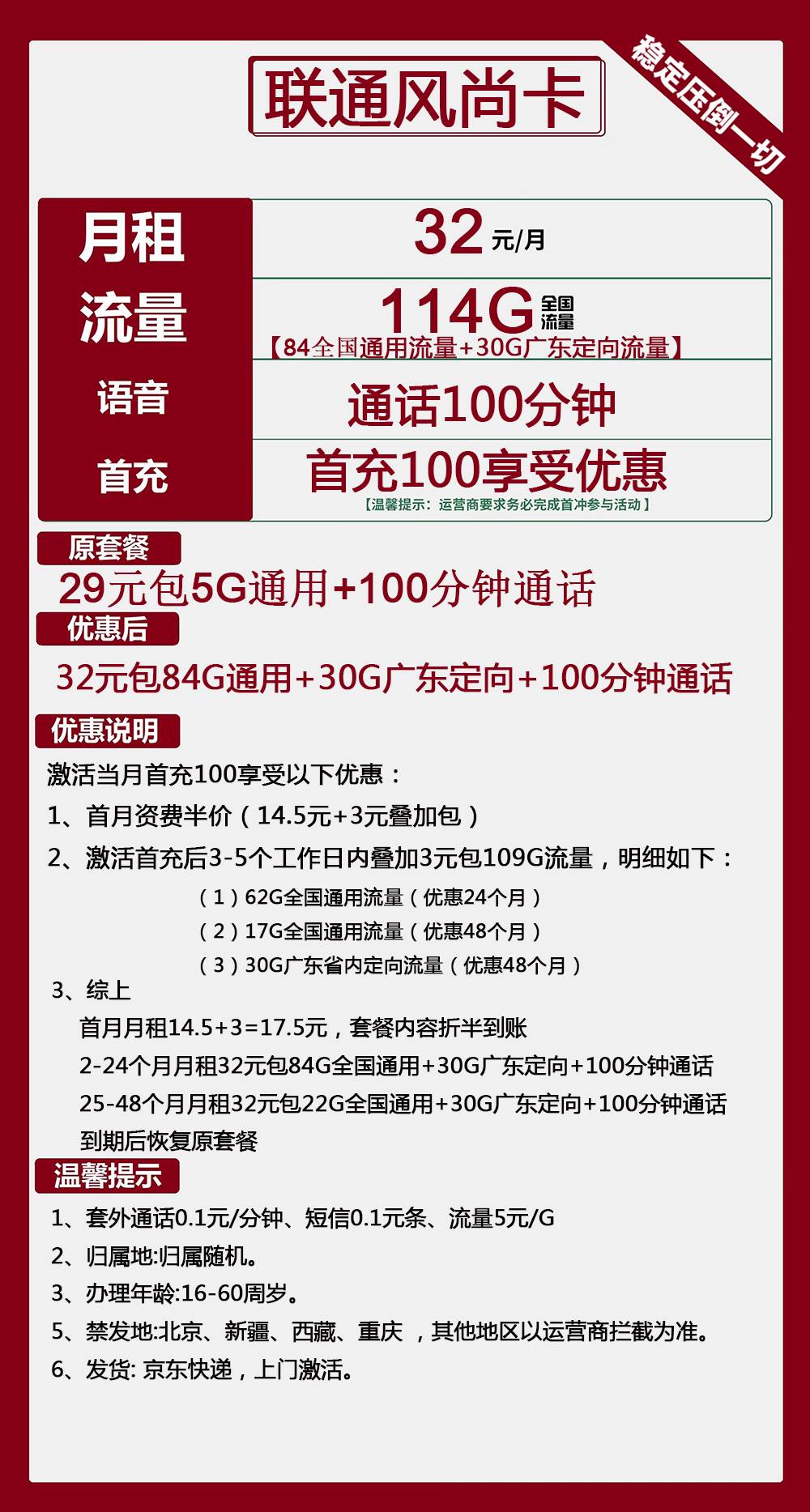 联通风尚卡32元包84G通用+30G广东定向+100分钟通话