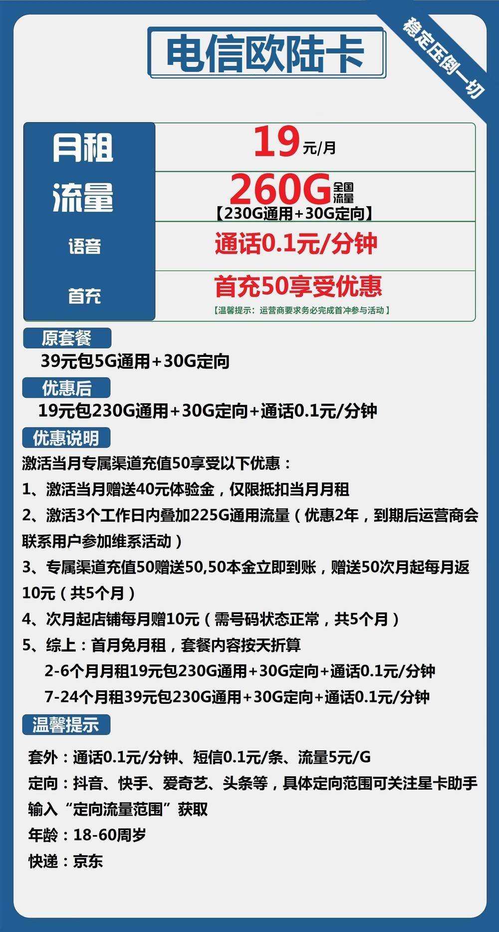 电信欧陆卡19元包230G通用+30G定向+通话0.1元/分钟