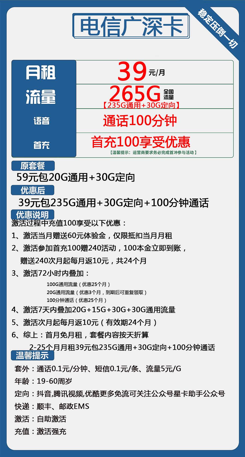 电信广深卡39元235G通用+30G定向+100分钟通话