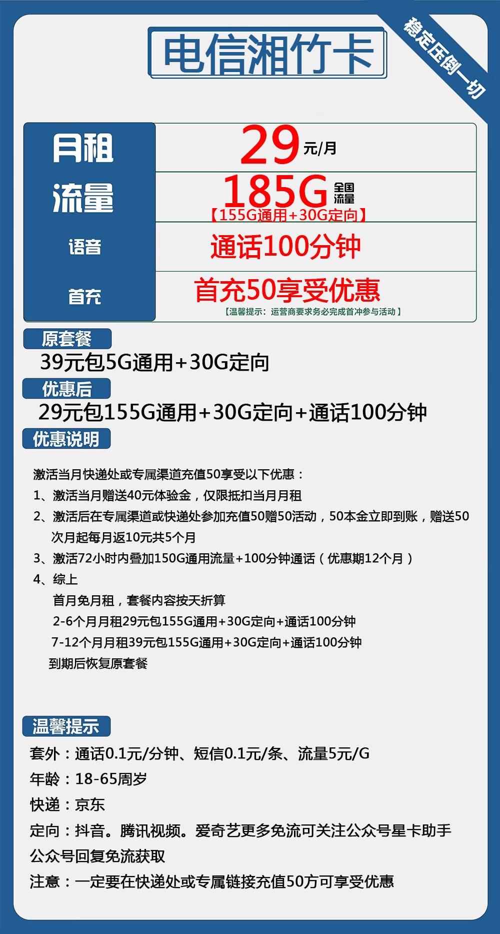 电信湘竹卡9 | 电信湘竹29元包155G通用+30G定向+100分钟通话