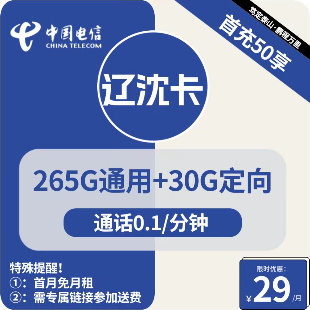 电信辽沈卡29元包265G通用+30G定向+通话0.1元/分钟