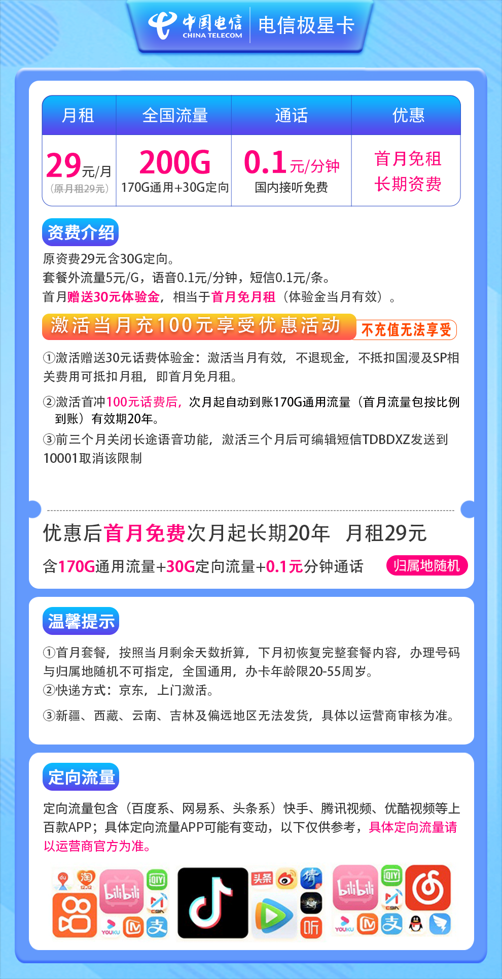 电信极星卡29元200G（20年套餐）