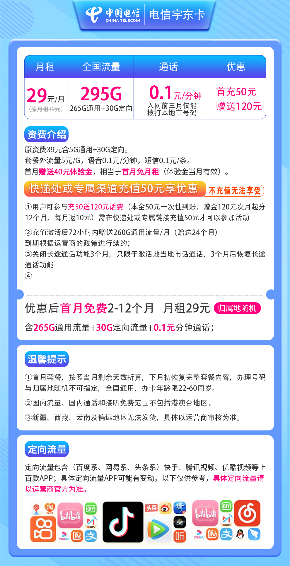 电信宇东卡29元295G