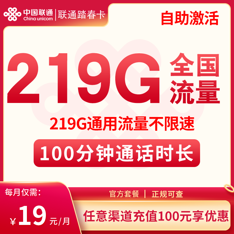 联通踏春卡19元219G+100分钟