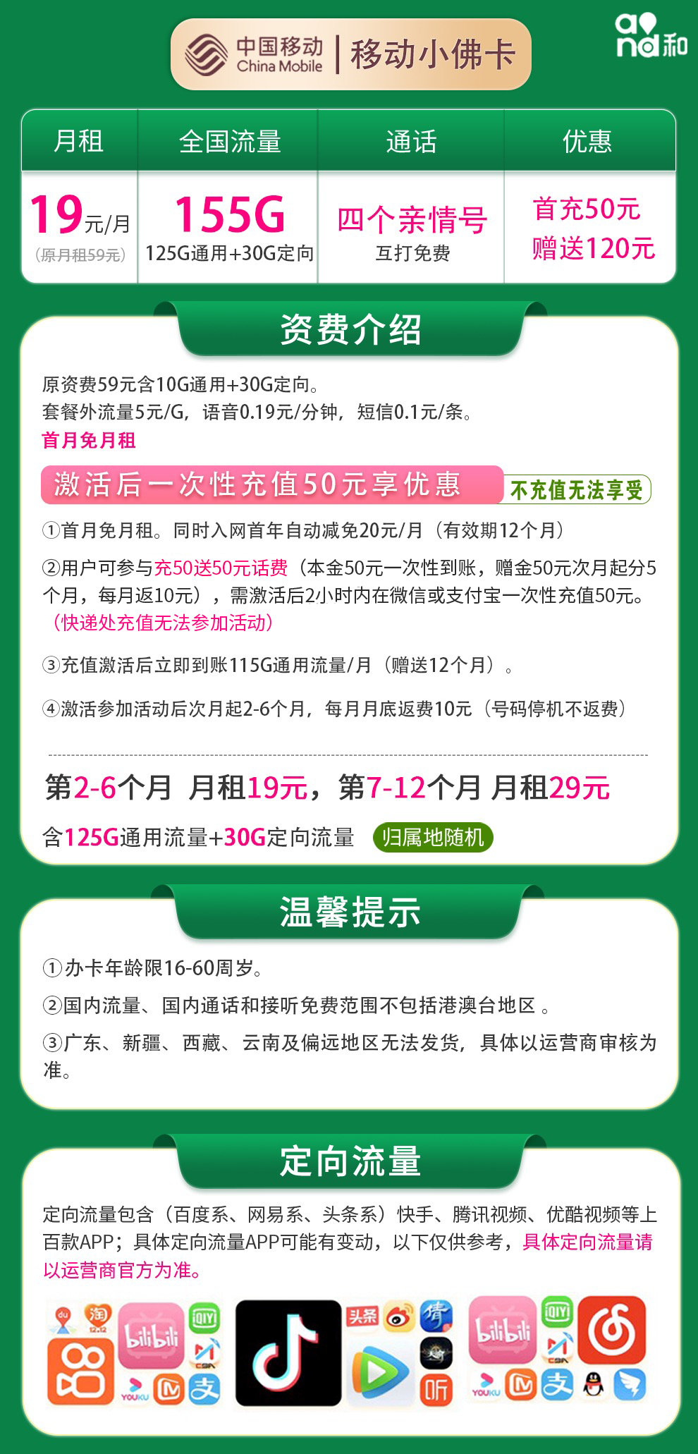 移动小佛卡19元155G