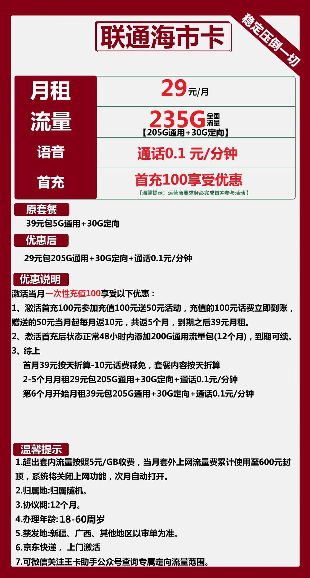 联通海市卡29元包205G通用+30G定向+通话0.1元/分钟