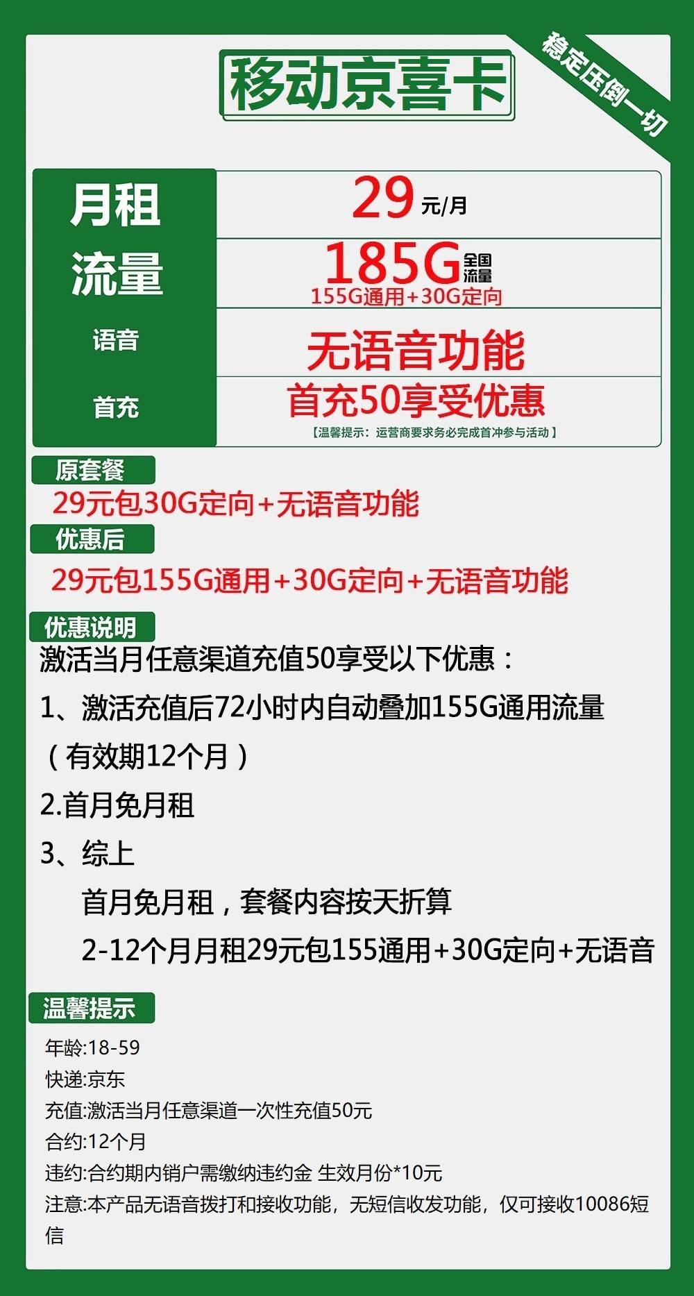 移动京喜卡29元包155G通用+30G定向+无语音功能