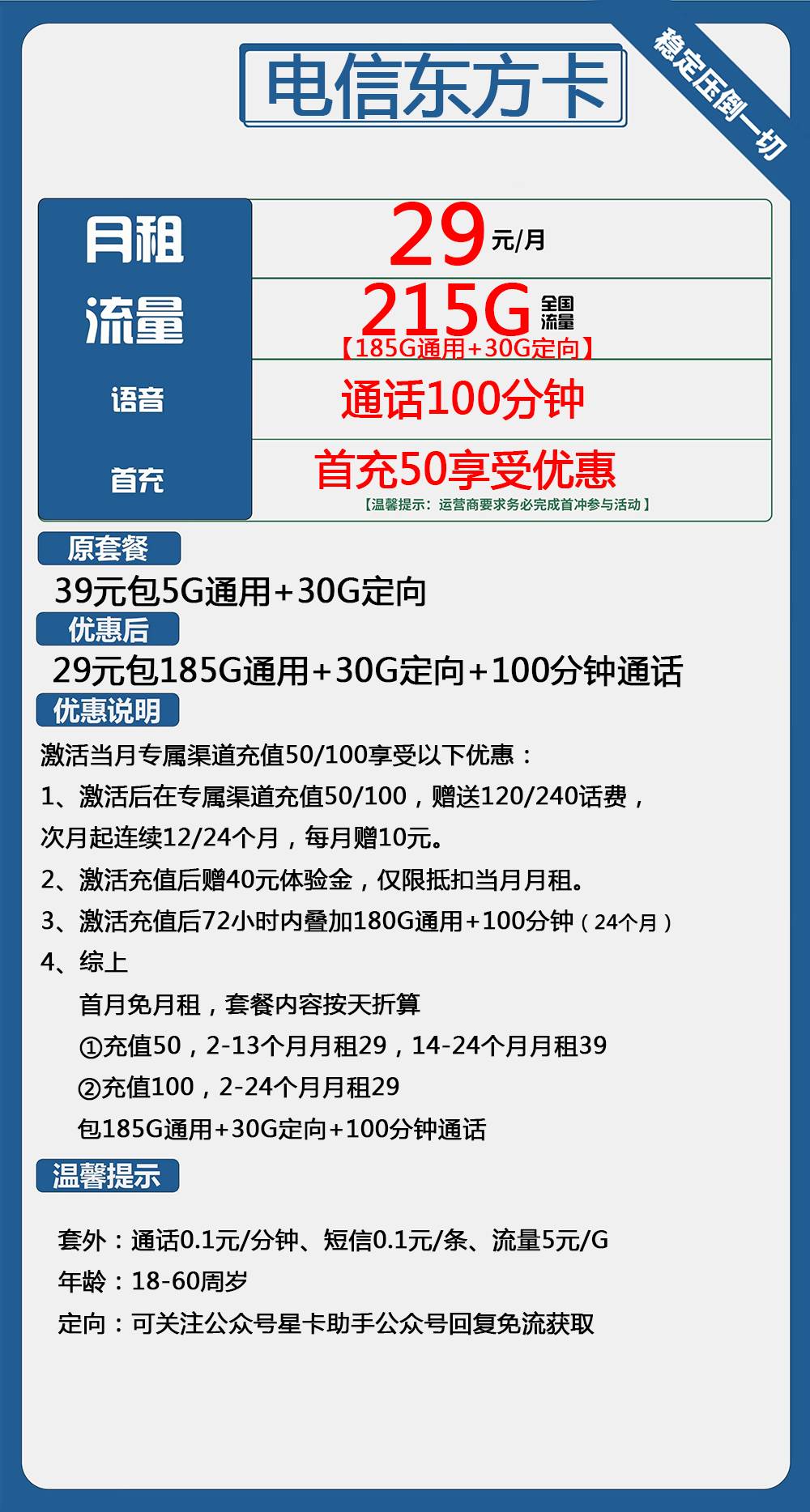 电信东方卡29元包185G通用+30G定向+100分钟通话