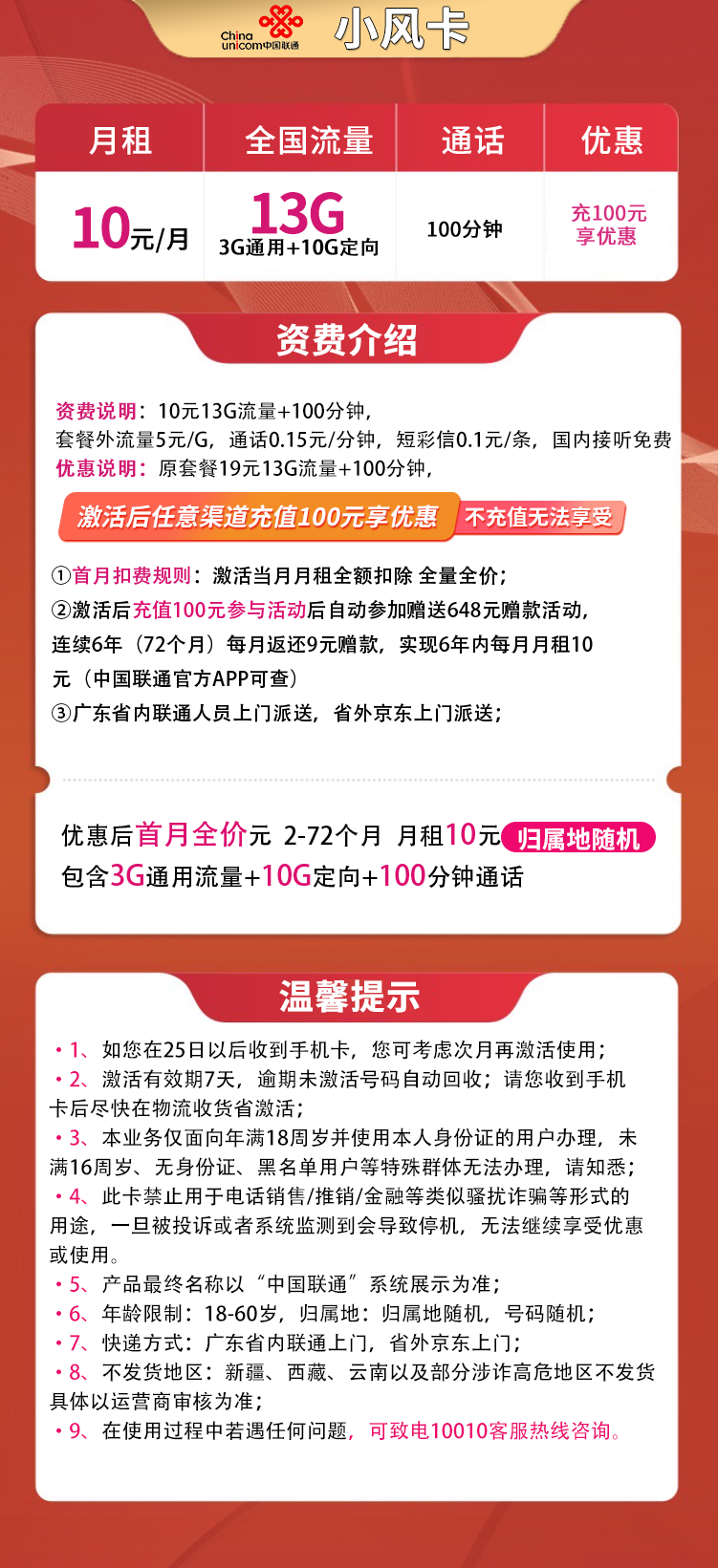 联通小风卡10元13G+100分钟（六年套餐）