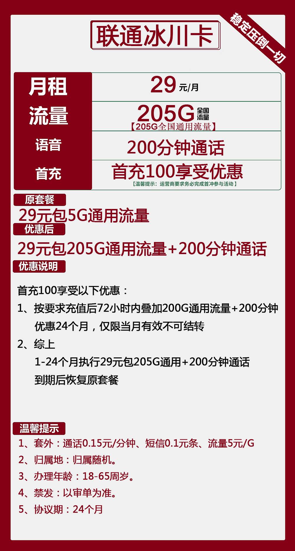 联通冰川卡29元包205G通用+200分钟通话