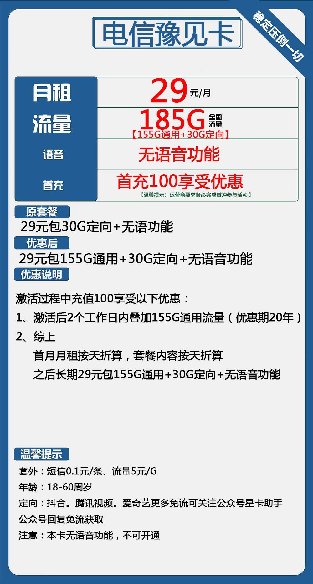 电信豫见卡29元包155G通用+30G定向+无语音功能