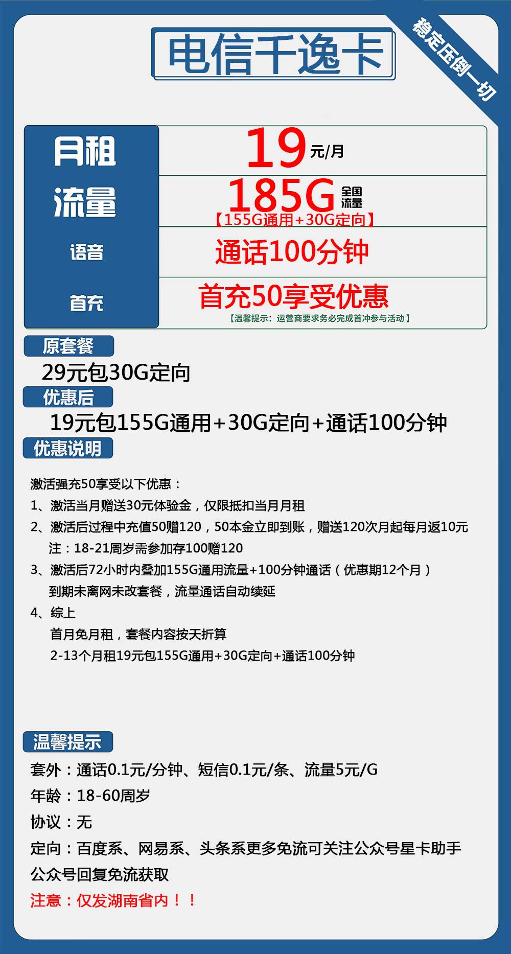 电信千逸卡19元包155G通用+30G定向+100分钟通话