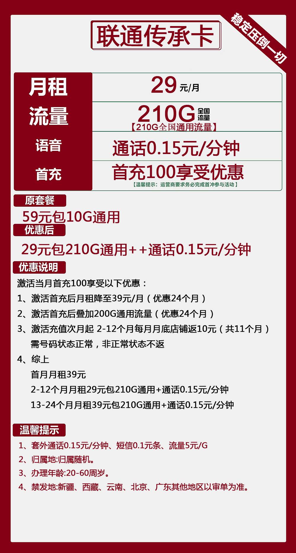 联通传承卡29元包210G通用+通话0.15元/分钟