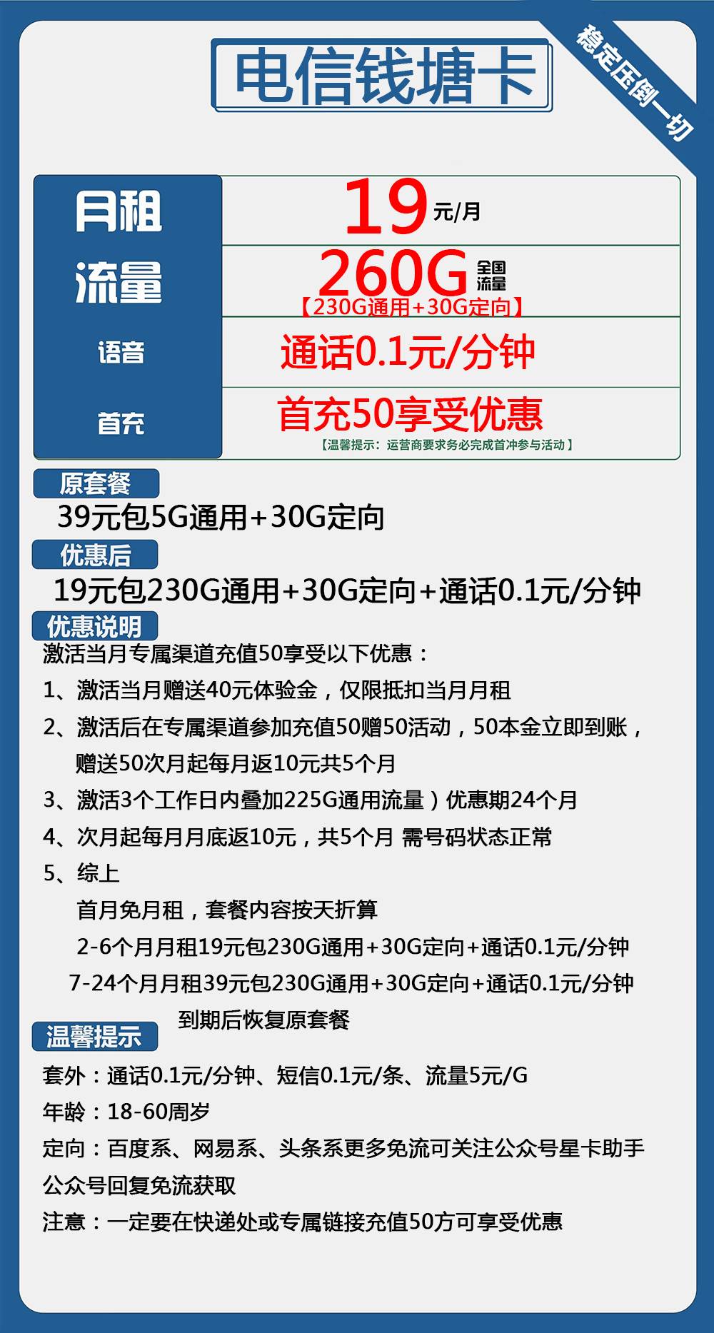 电信钱塘卡19元包230G通用+30G定向+通话0.1元/分钟