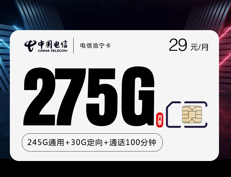 电信沧宁卡【29元275G+100分钟】
