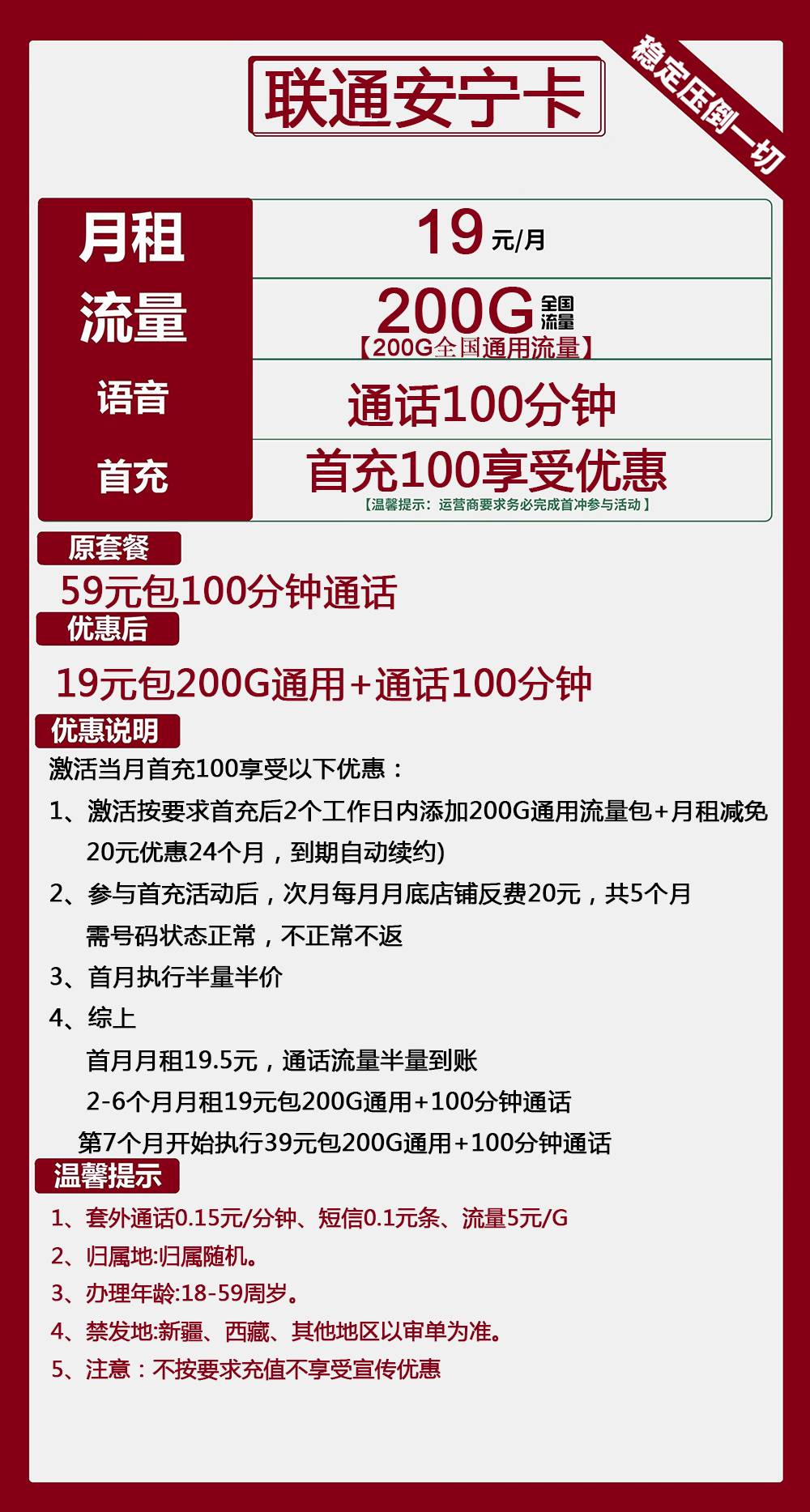 联通安宁卡19元包200G通用+100分钟通话